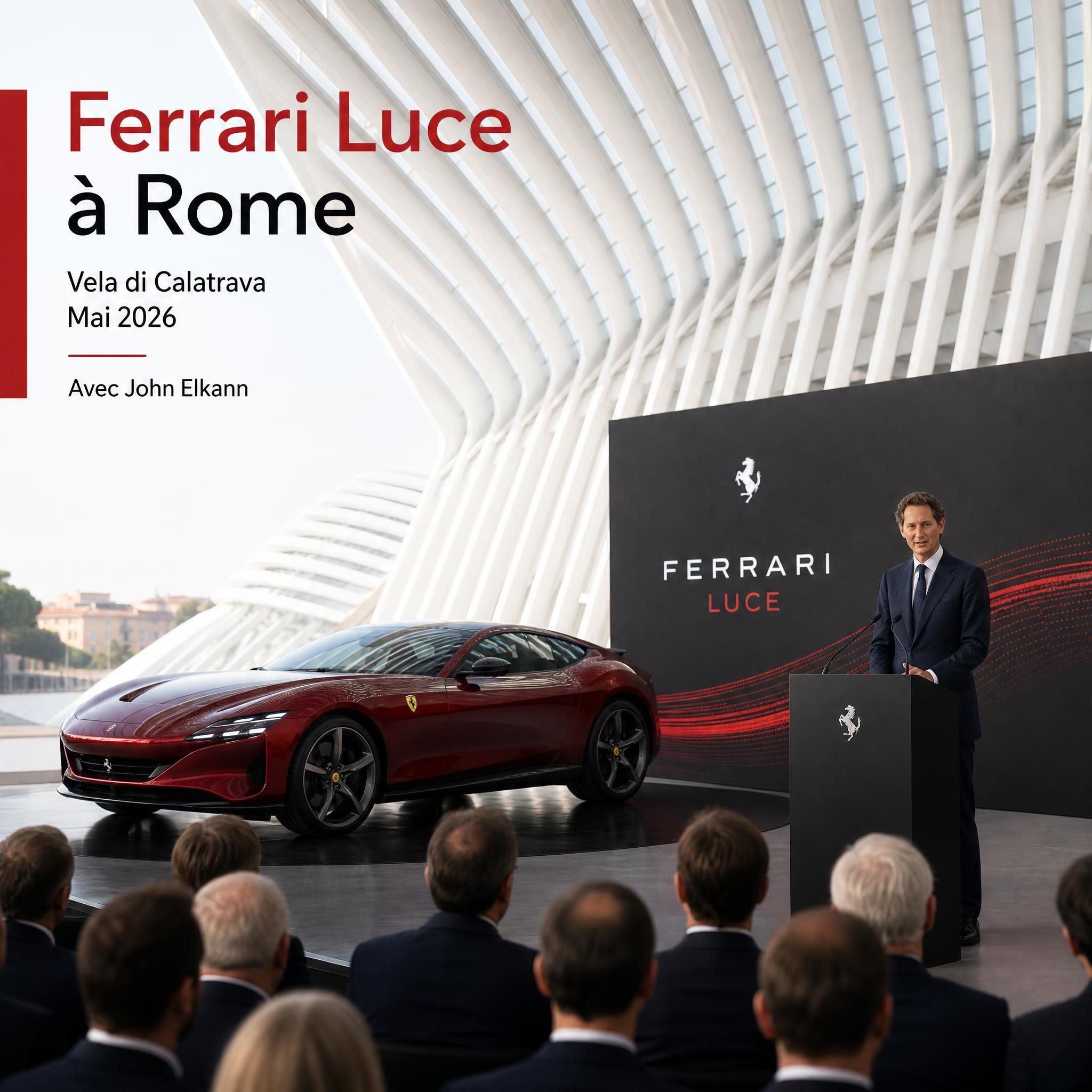 Présentation officielle Ferrari Luce à Rome Vela di Calatrava mai 2026 avec John Elkann