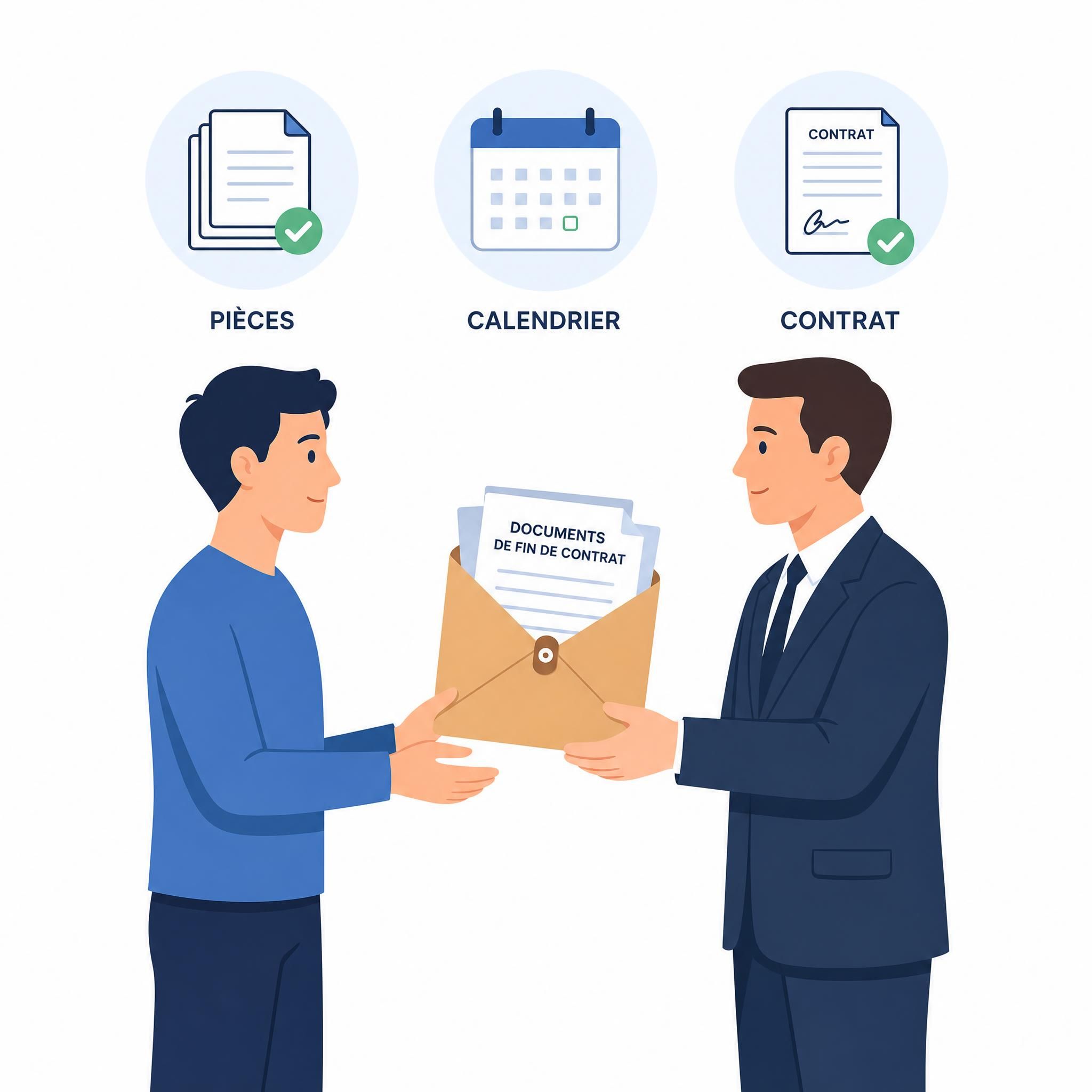 Illustration flat design vectoriel d'un salarié recevant une enveloppe de documents de fin de contrat de la part d'un employeur, avec des icônes représentant des pièces, un calendrier et un contrat — style graphique épuré, couleurs douces, fond blanc
