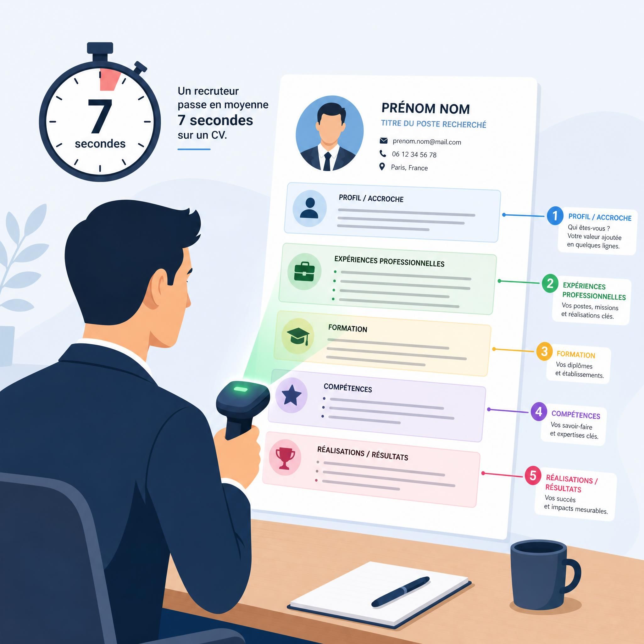 Illustration flat design vectoriel d'un recruteur scannant un CV avec 5 zones colorées mises en évidence, chronomètre affiché à 7 secondes, style épuré et professionnel