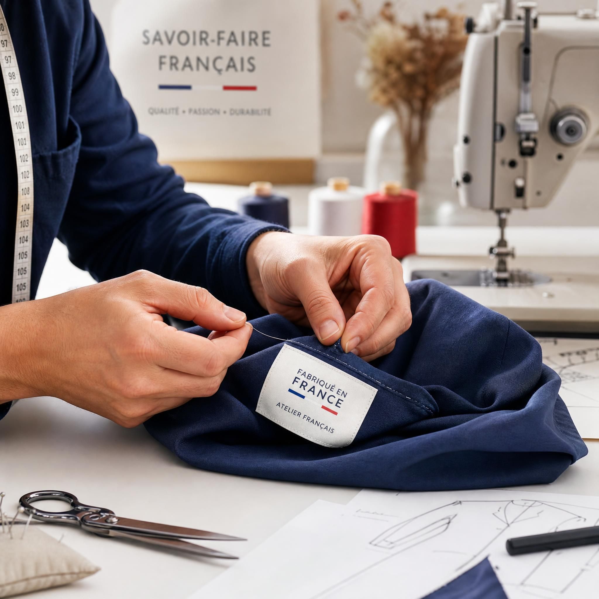 Atelier de confection textile français, mains d'artisan travaillant sur un vêtement made in France avec label de qualité visible