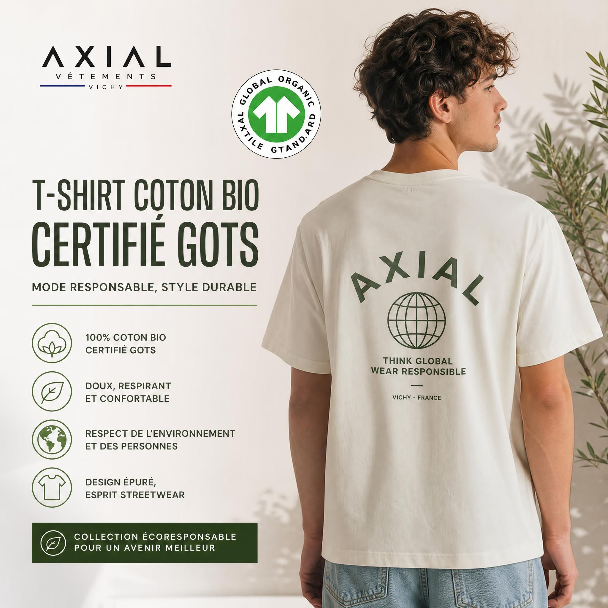 T-shirt coton bio certifié GOTS Axial Vêtements Vichy, collection écoresponsable streetwear