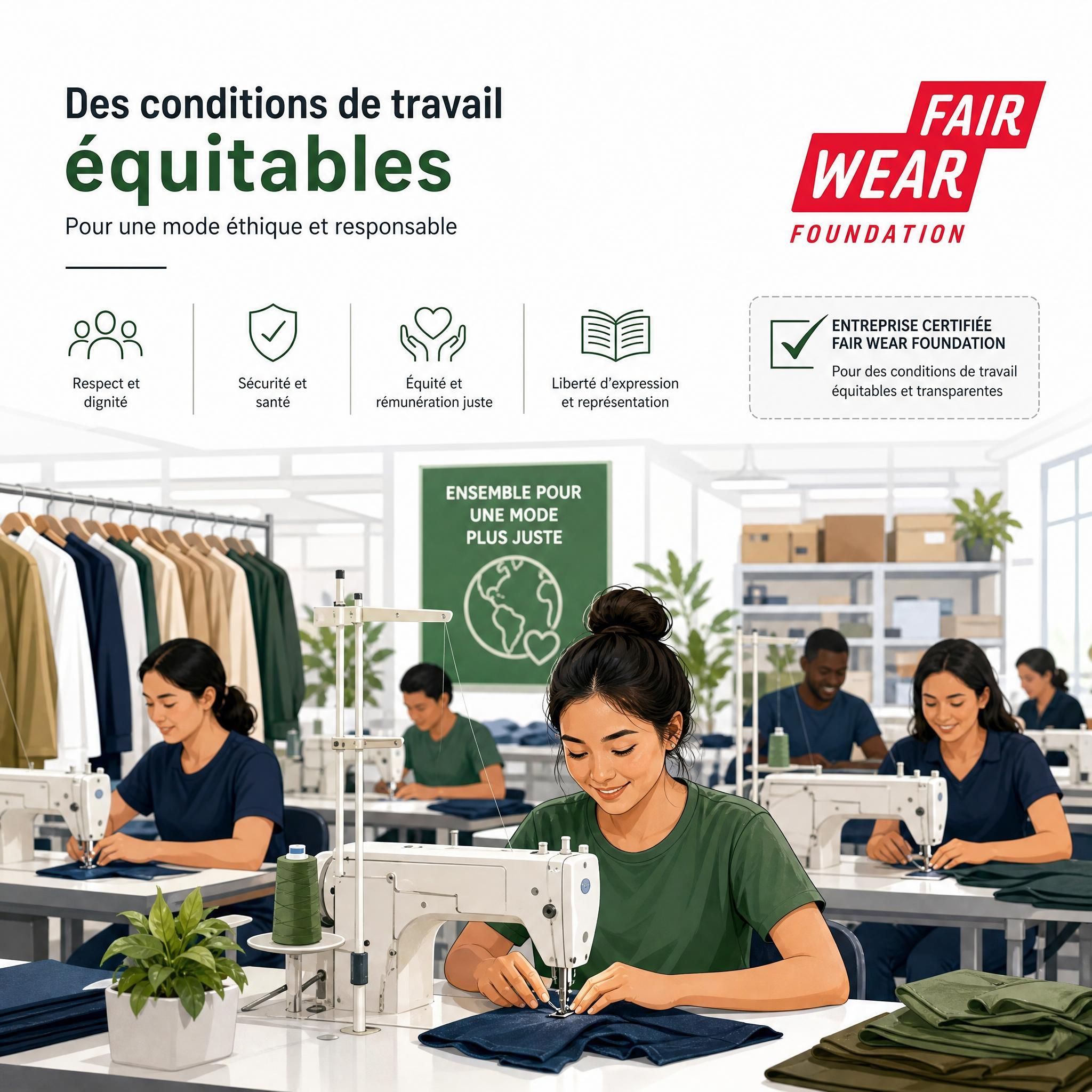 Illustration conditions de travail équitables Fair Wear Foundation certification textile éthique