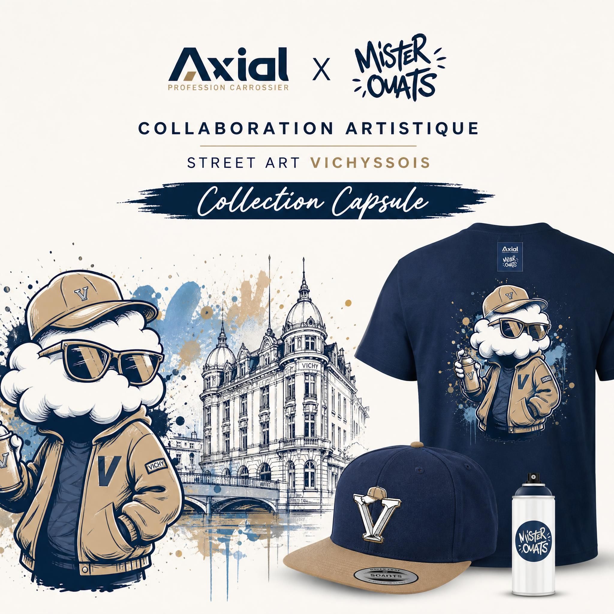 Collaboration artistique Axial avec Mister Ouats street art vichyssois collection capsule