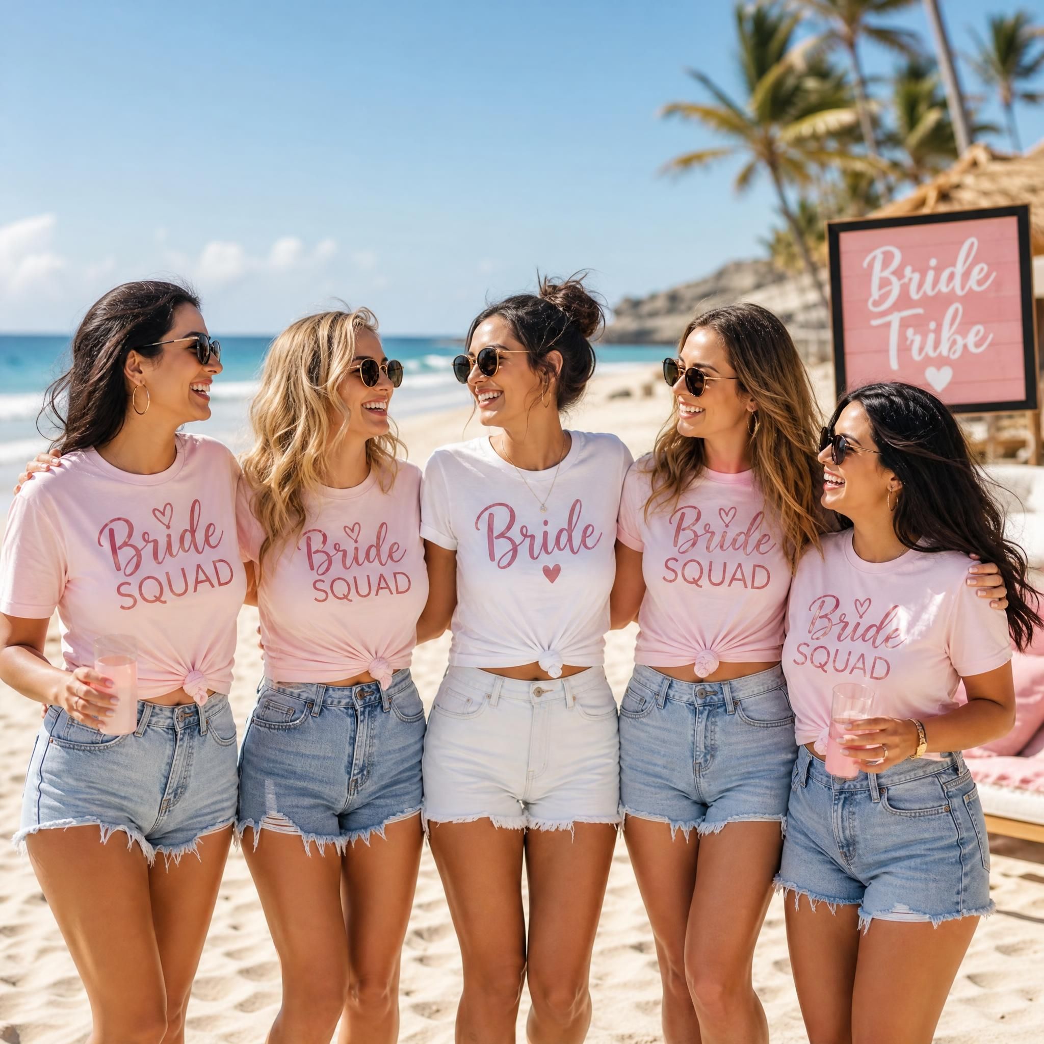 Group of bridesmaids wearing matching bachelorette shirts at a beach bachelorette party