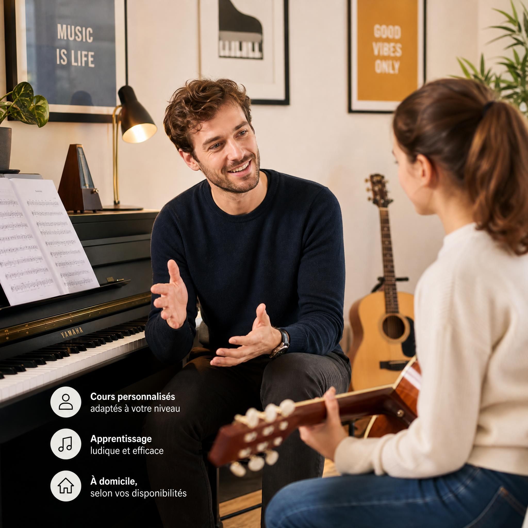 Musicien professionnel donnant un cours de musique à domicile, piano et guitare visibles, ambiance chaleureuse et professionnelle