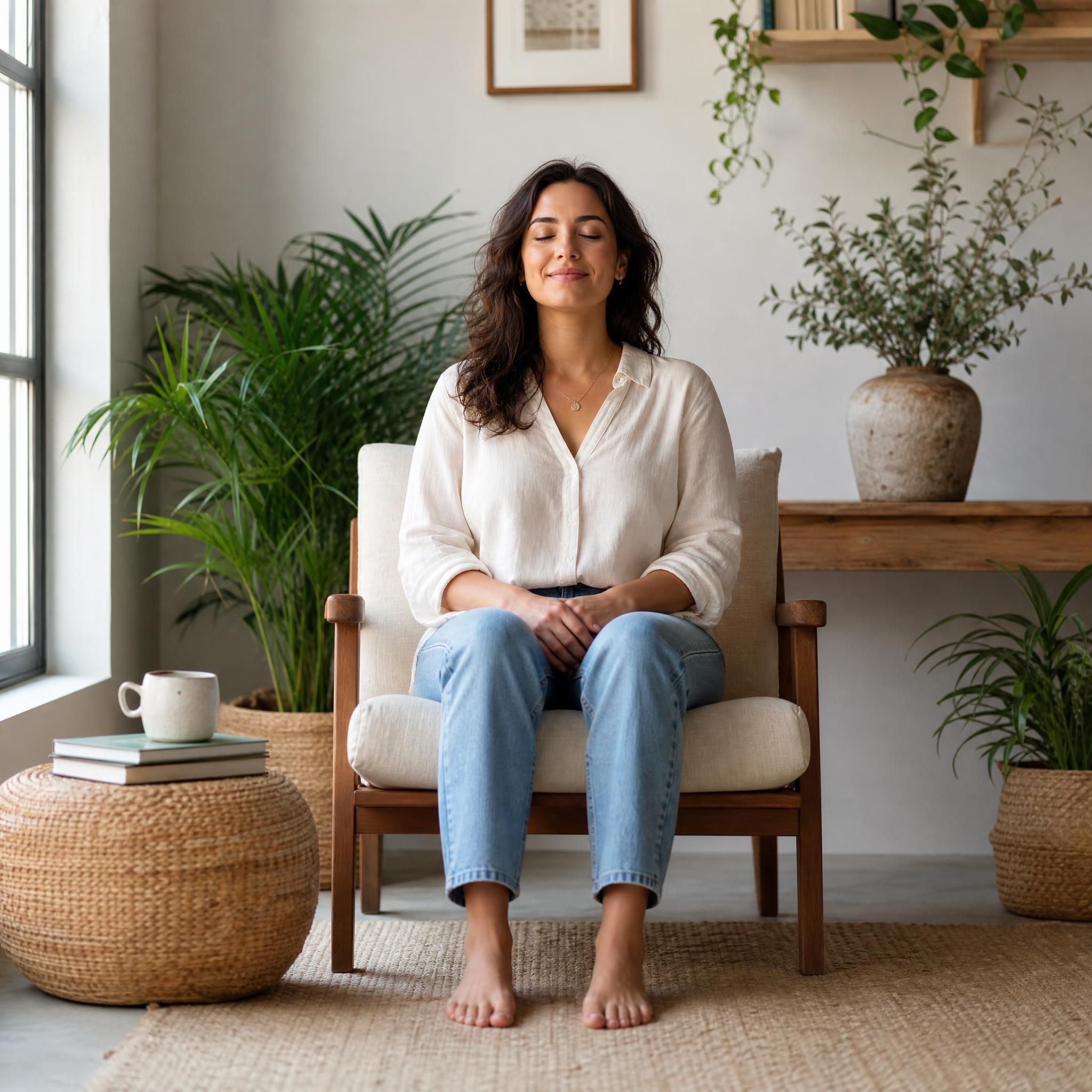 femme assise en position ancrée, pieds au sol, dans un environnement naturel apaisant ou intérieur lumineux, expression de calme et de stabilité intérieure, style photoréaliste