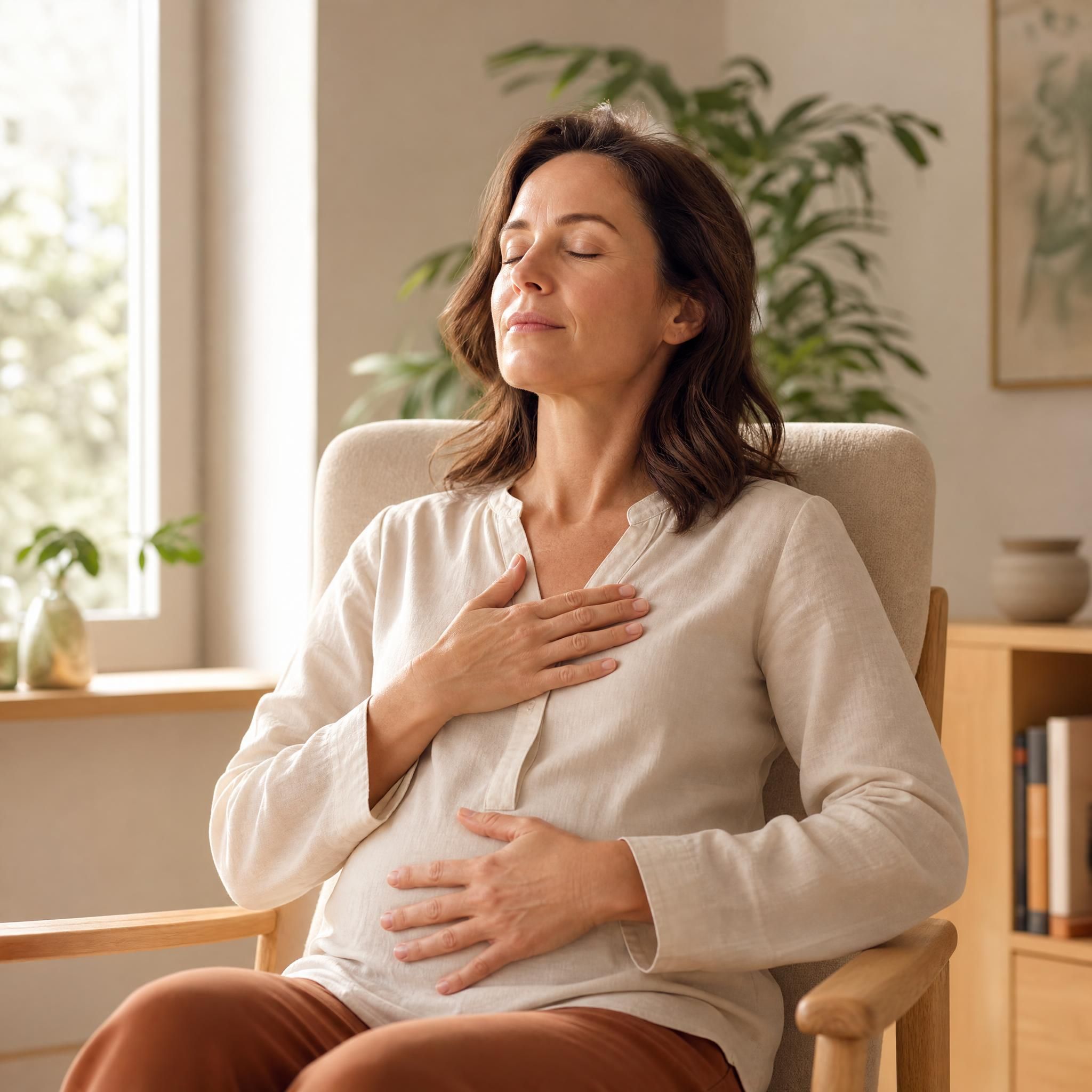 Femme d'environ 40 ans, yeux fermés, visage serein et détendu, assise dans un fauteuil chaleureux aux tons beige et bois clair, pratiquant un exercice de respiration profonde, lumière naturelle douce filtrant par une fenêtre, plante verte en arrière-plan