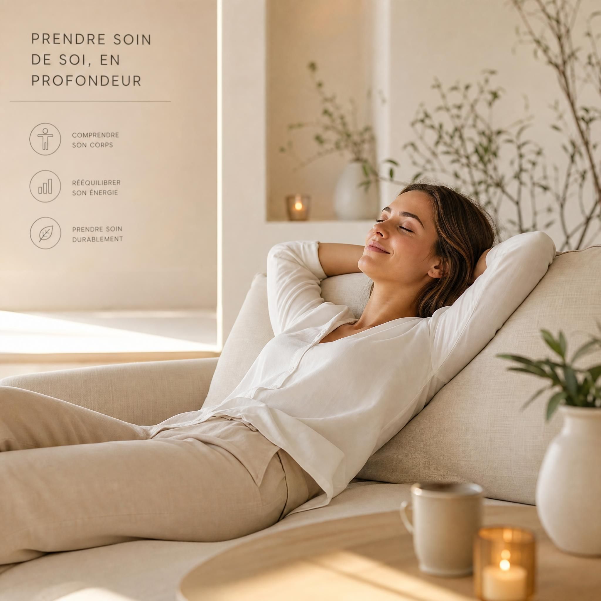 Femme détendue allongée dans un espace intérieur chaleureux et lumineux, symbolisant la relaxation profonde et le bien-être après une séance de scan corporel, tons doux beige et blanc cassé