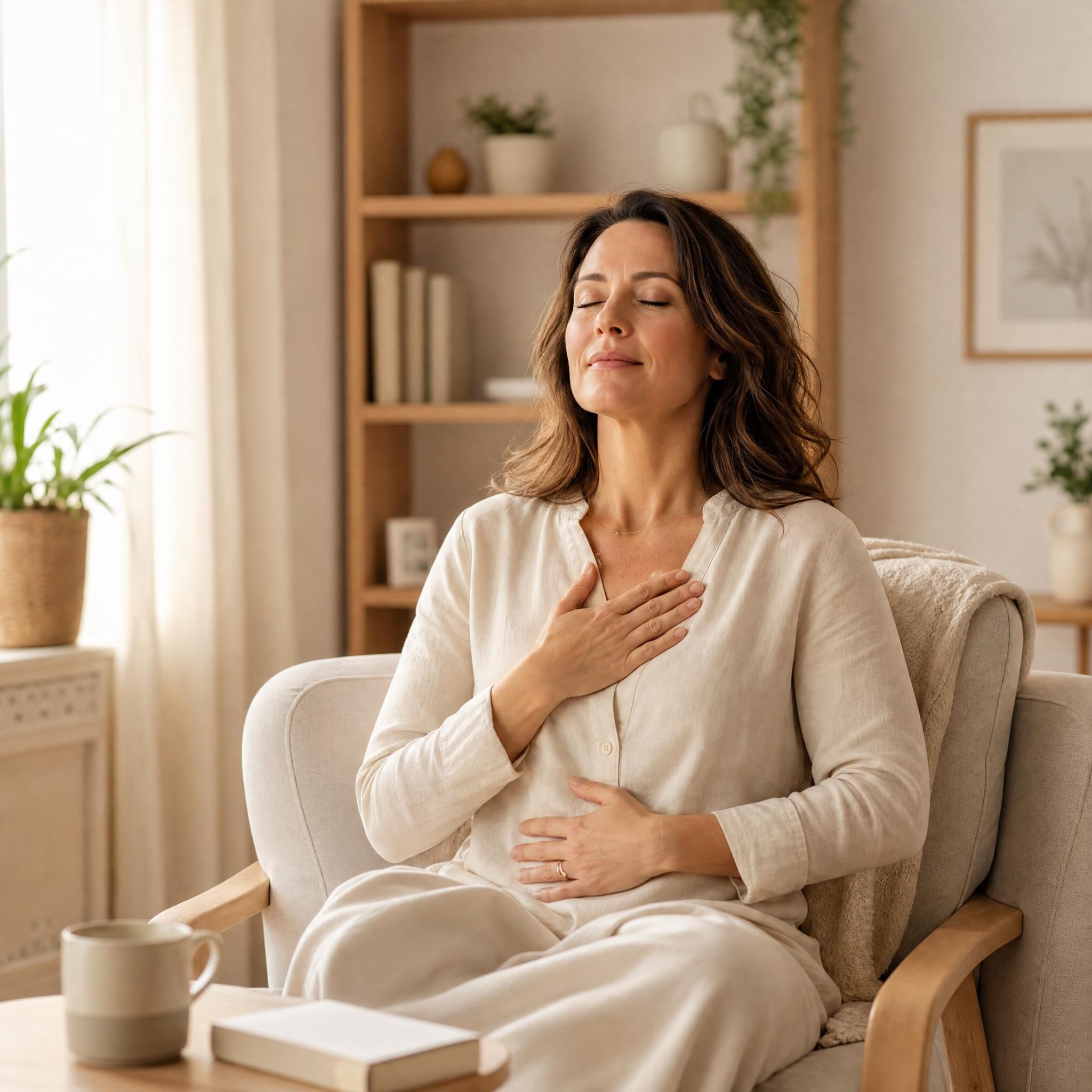femme d'environ 40 ans assise dans un fauteuil confortable, yeux fermés, visage serein, pratiquant un exercice de respiration profonde dans un espace chaleureux aux tons beige et bois clair, lumière naturelle douce