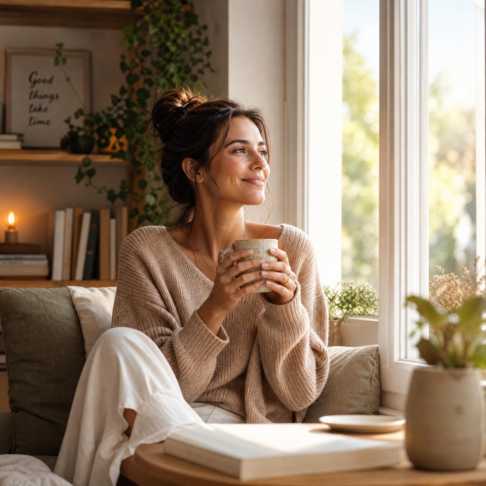 Femme souriante et détendue, assise près d'une fenêtre lumineuse avec une tasse de thé dans les mains, dans un intérieur chaleureux et apaisant, évoquant la sérénité et l'équilibre intérieur retrouvé