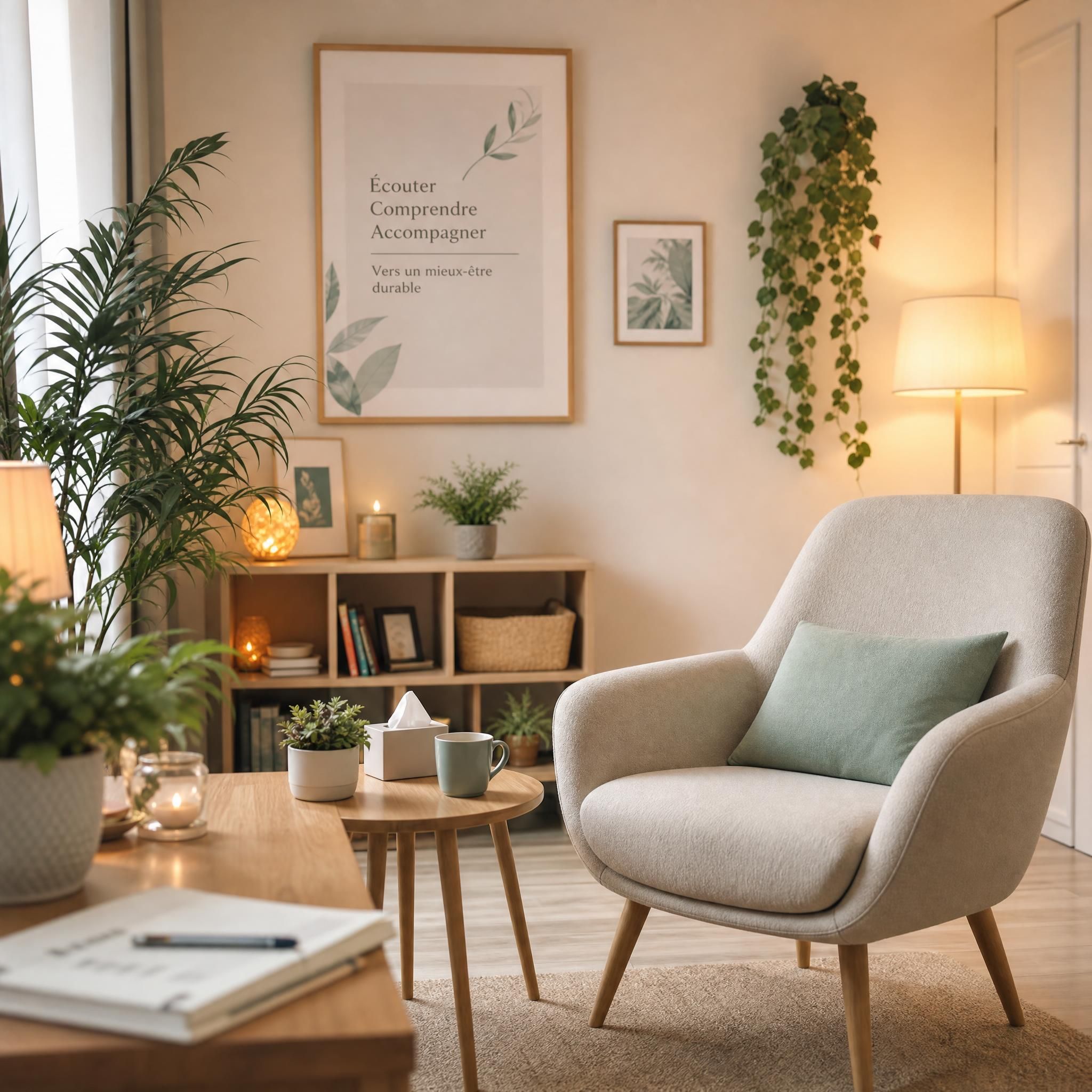 espace de consultation bien-être chaleureux et professionnel, fauteuil confortable, plantes vertes, lumière douce, ambiance sécurisante et apaisante pour illustrer l'accompagnement hypnothérapeutique