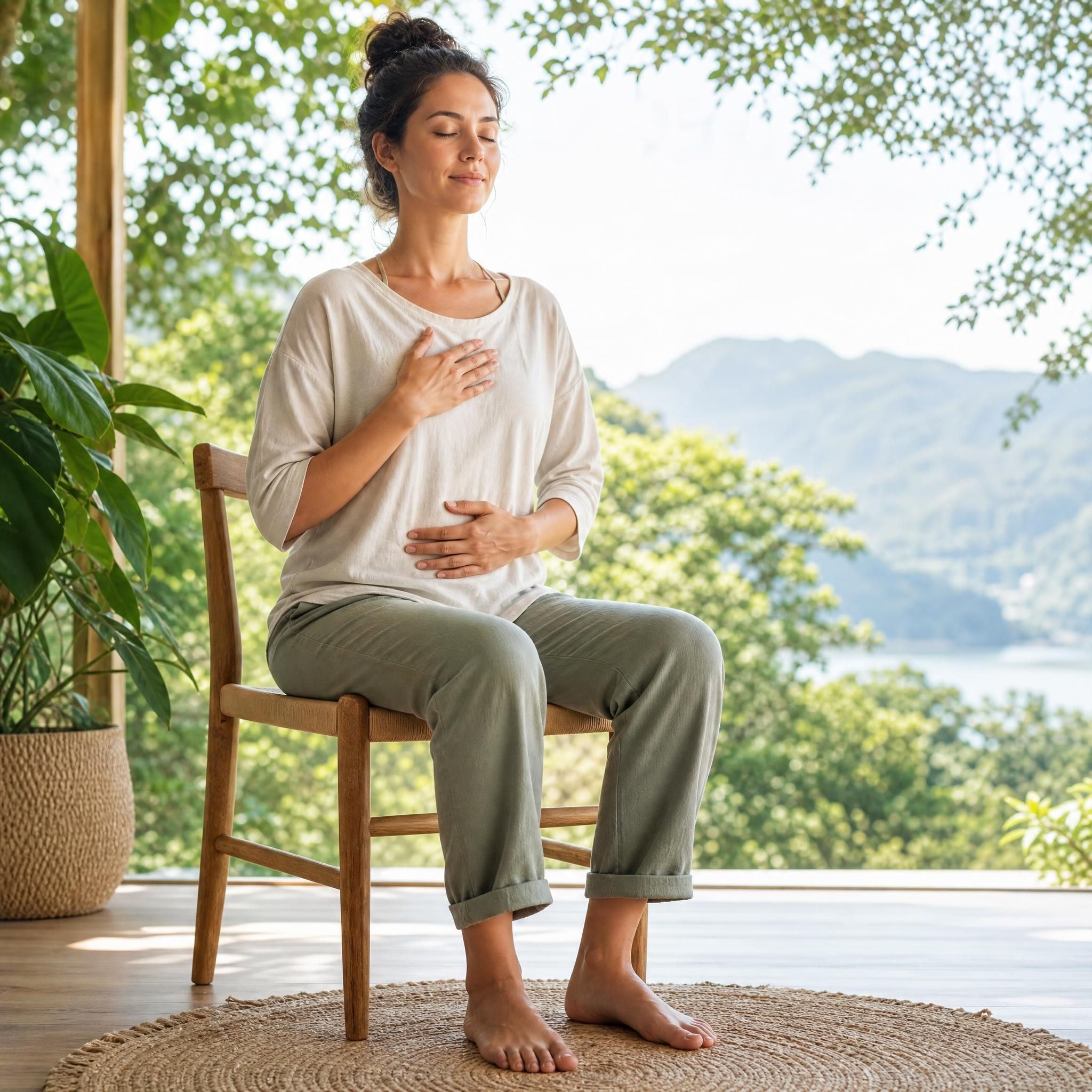 Femme assise les pieds ancrés au sol dans un espace naturel lumineux, regard serein tourné vers l'intérieur, symbolisant l'ancrage corporel et la stabilité intérieure