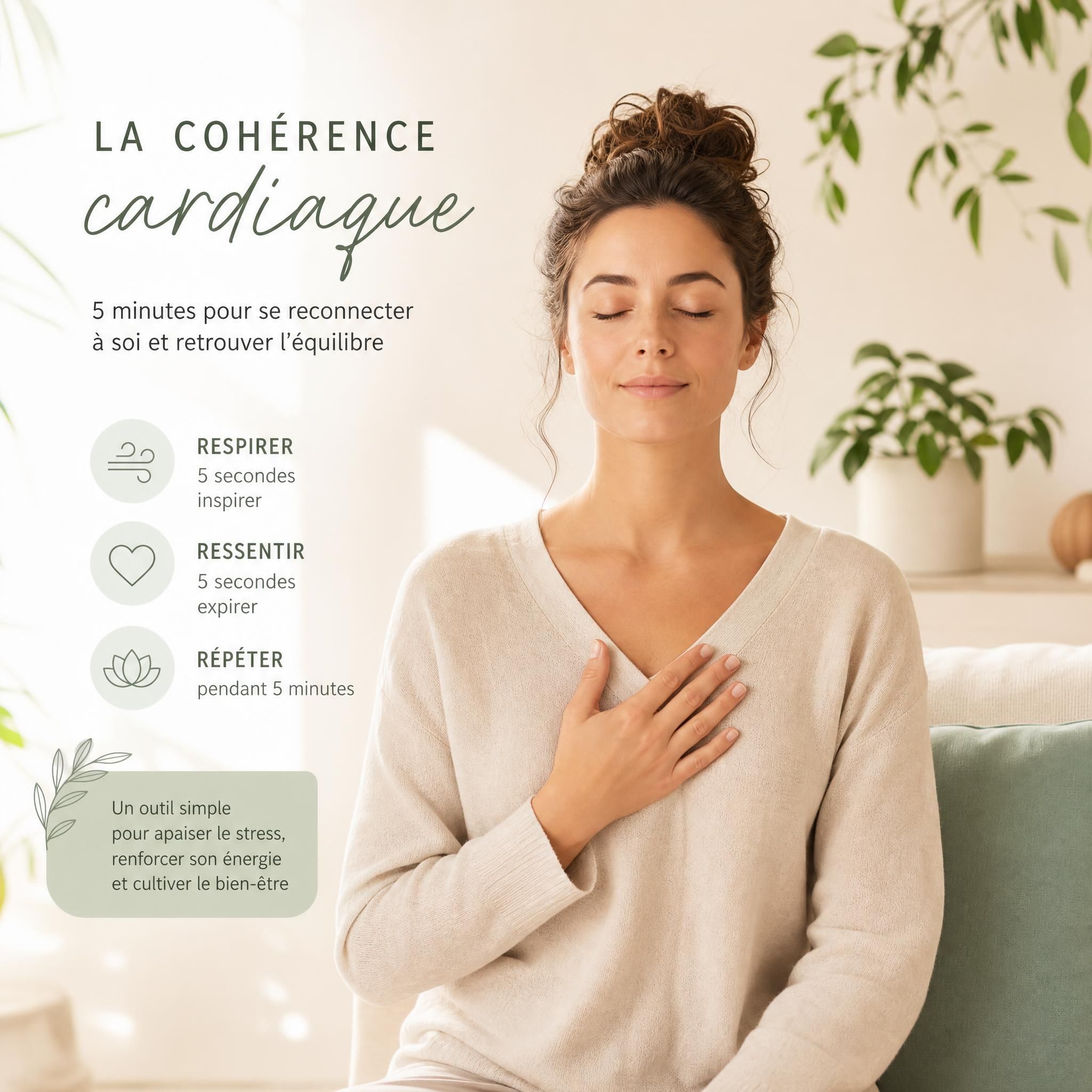 Illustration douce et apaisante d'une femme pratiquant la cohérence cardiaque, main posée sur le cœur, yeux fermés, fond lumineux aux tons naturels beige et vert pâle