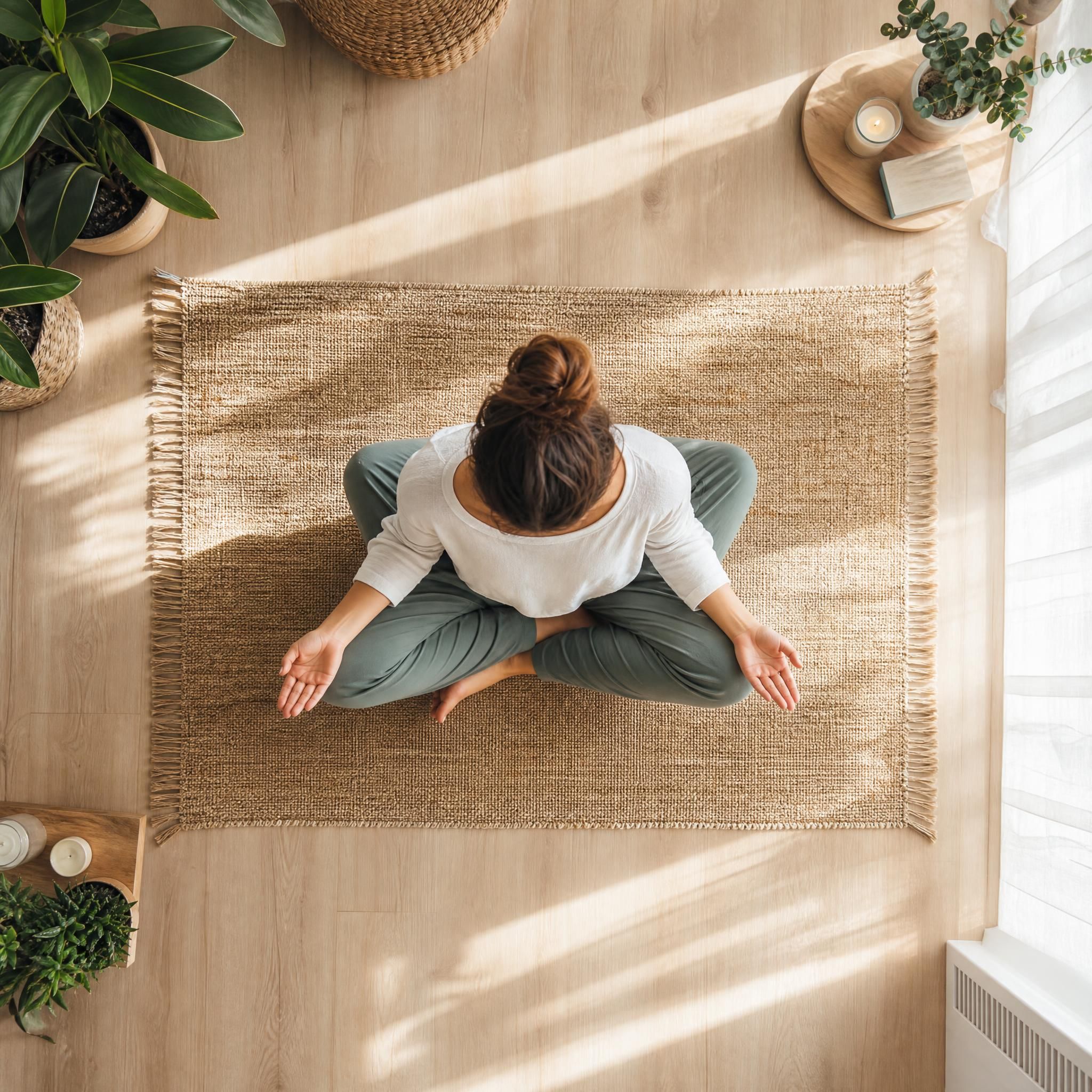 Vue de dessus d'une personne assise en tailleur sur un tapis, pieds nus, dans une pièce lumineuse et apaisante, les mains ouvertes sur les genoux, dans une posture d'ancrage et de méditation