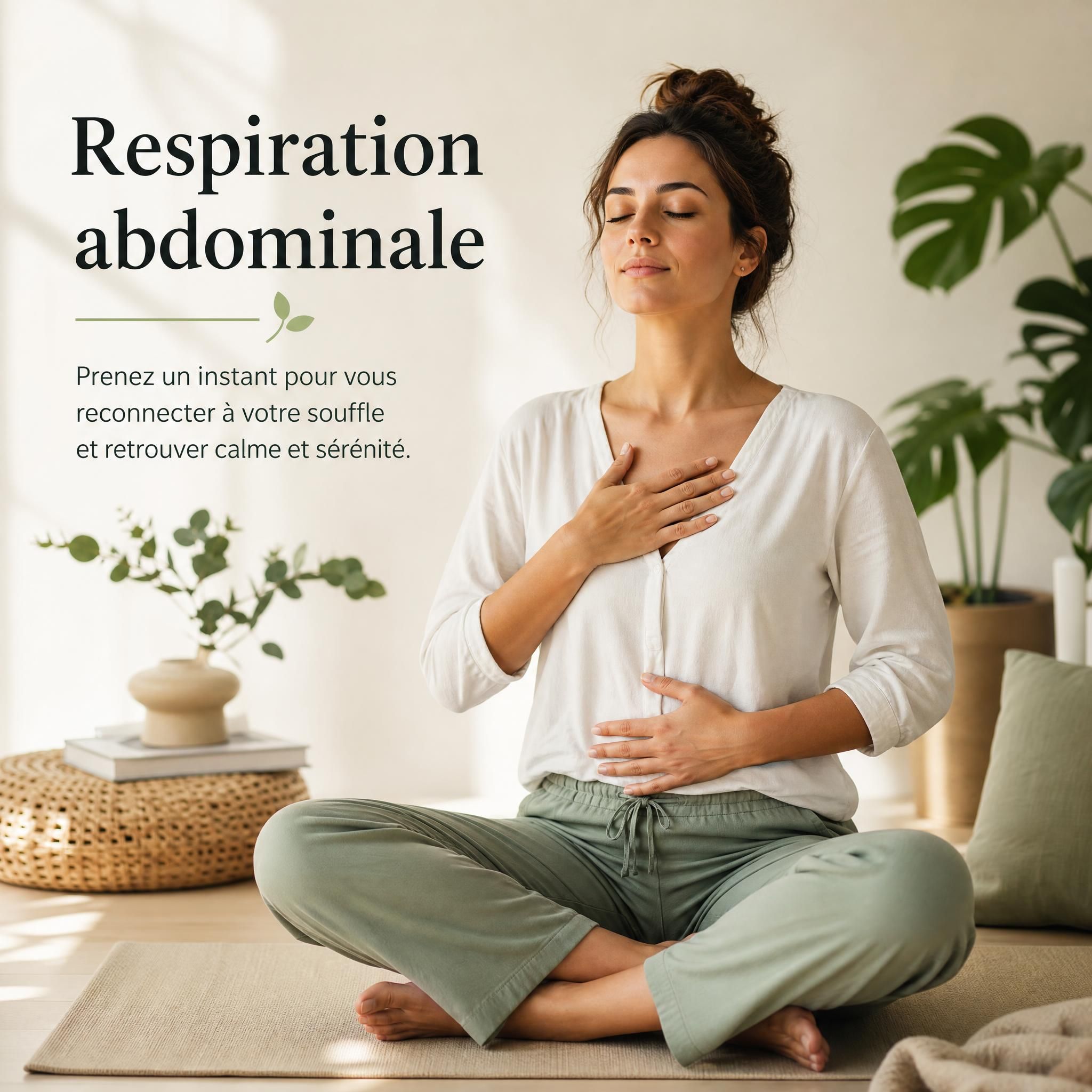 illustration apaisante d'une femme pratiquant la respiration abdominale profonde, main sur le ventre, lumière douce, ambiance bien-être et sérénité