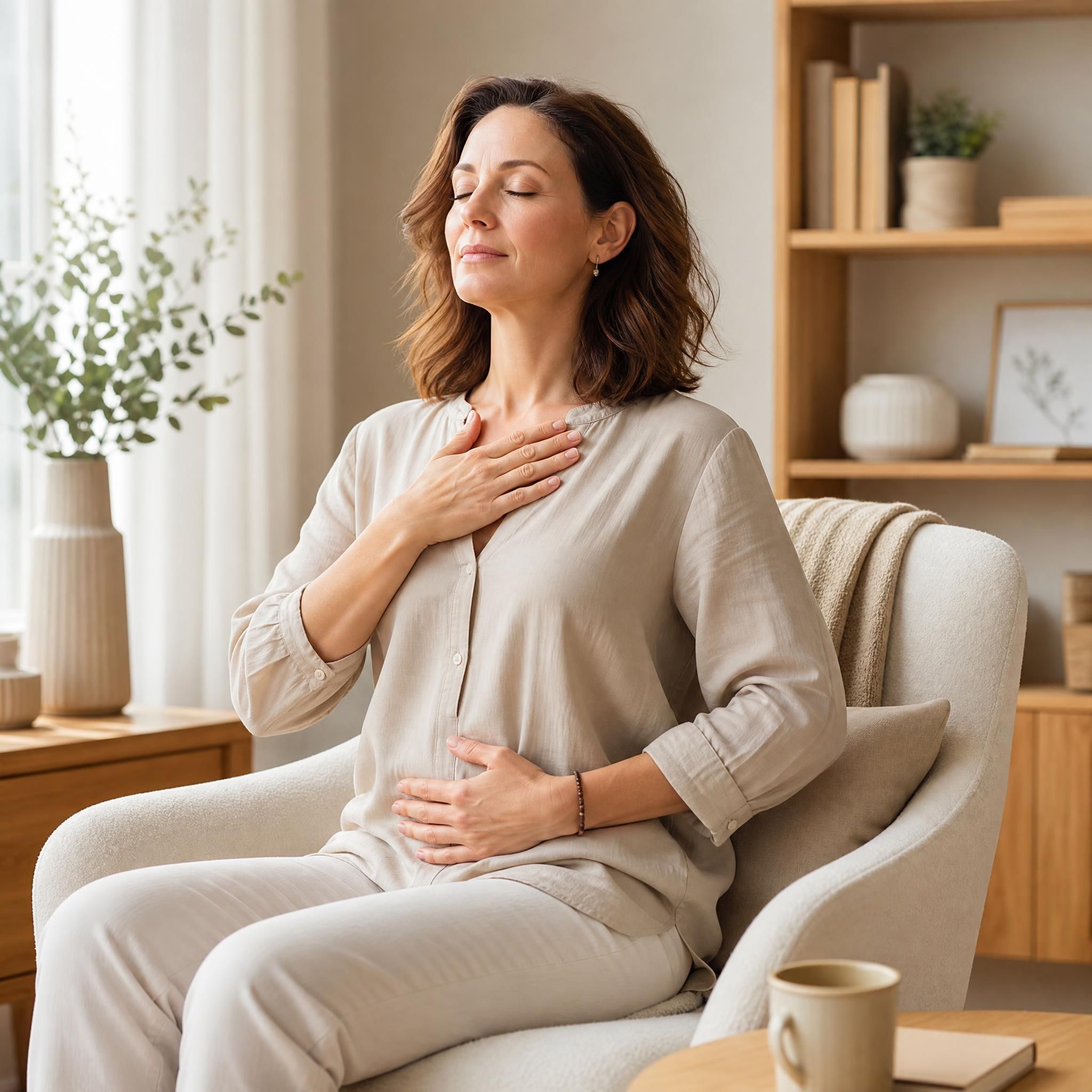 Femme d'environ 40 ans, yeux fermés, visage serein, assise dans un fauteuil chaleureux, pratiquant un exercice de respiration profonde dans un espace intérieur lumineux aux tons beige et bois clair