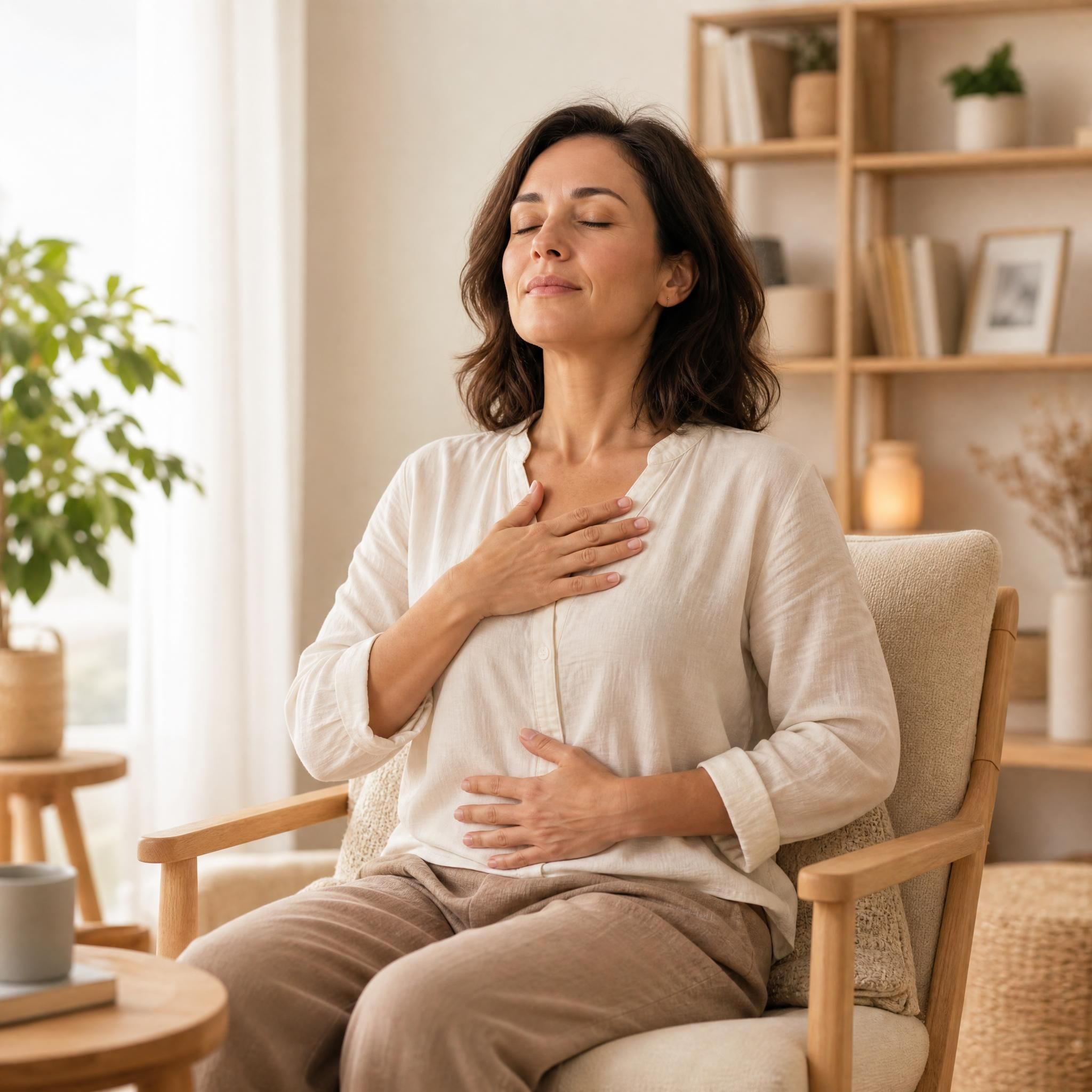 femme d'environ 40 ans, yeux fermés, visage serein, assise dans un fauteuil, pratiquant un exercice de respiration profonde dans un espace chaleureux aux tons beige et bois clair, lumière naturelle douce