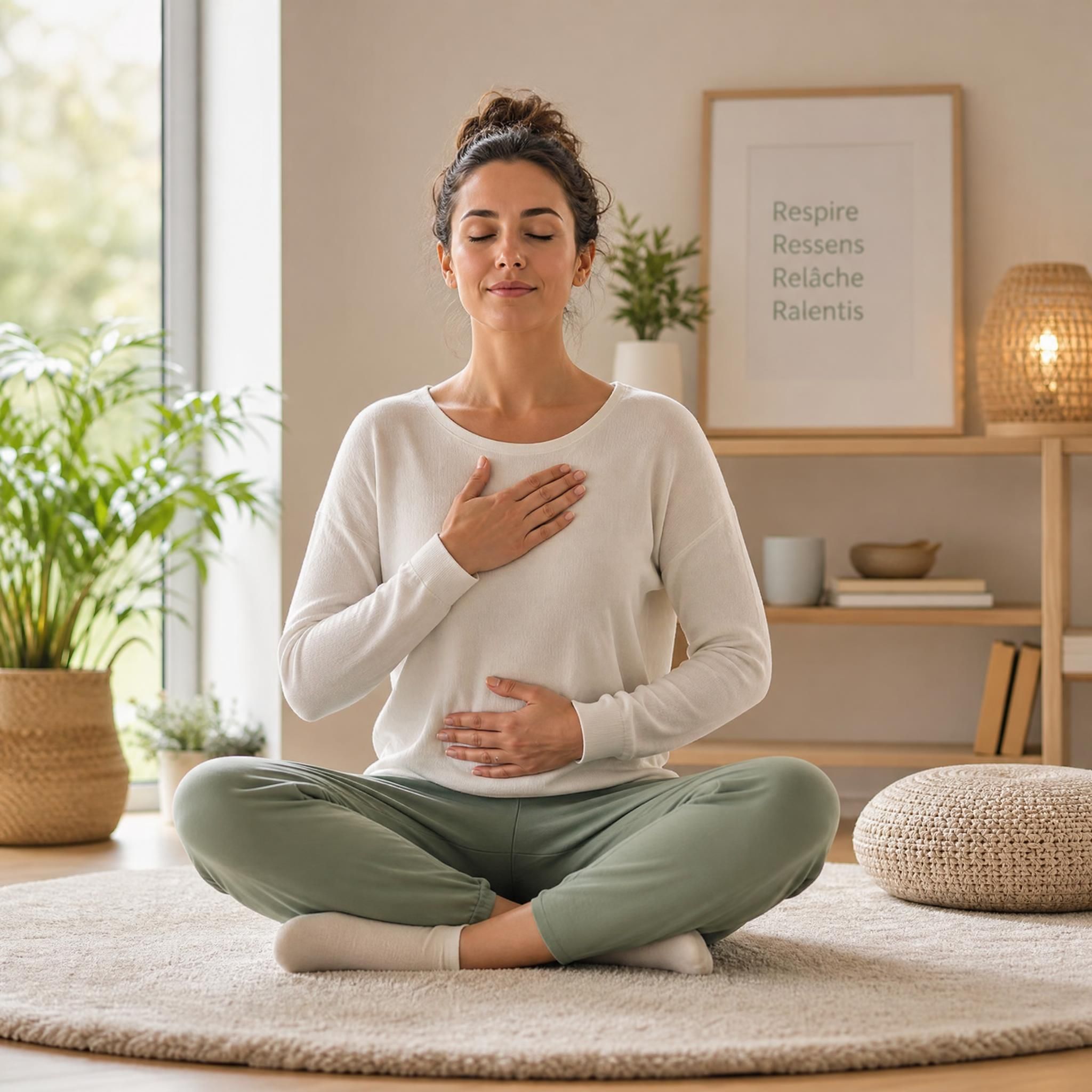 femme assise en tailleur sur un tapis doux, les yeux fermés, une main posée sur le cœur et l'autre sur le ventre, dans une pièce lumineuse aux tons naturels, pratiquant un exercice de cohérence cardiaque