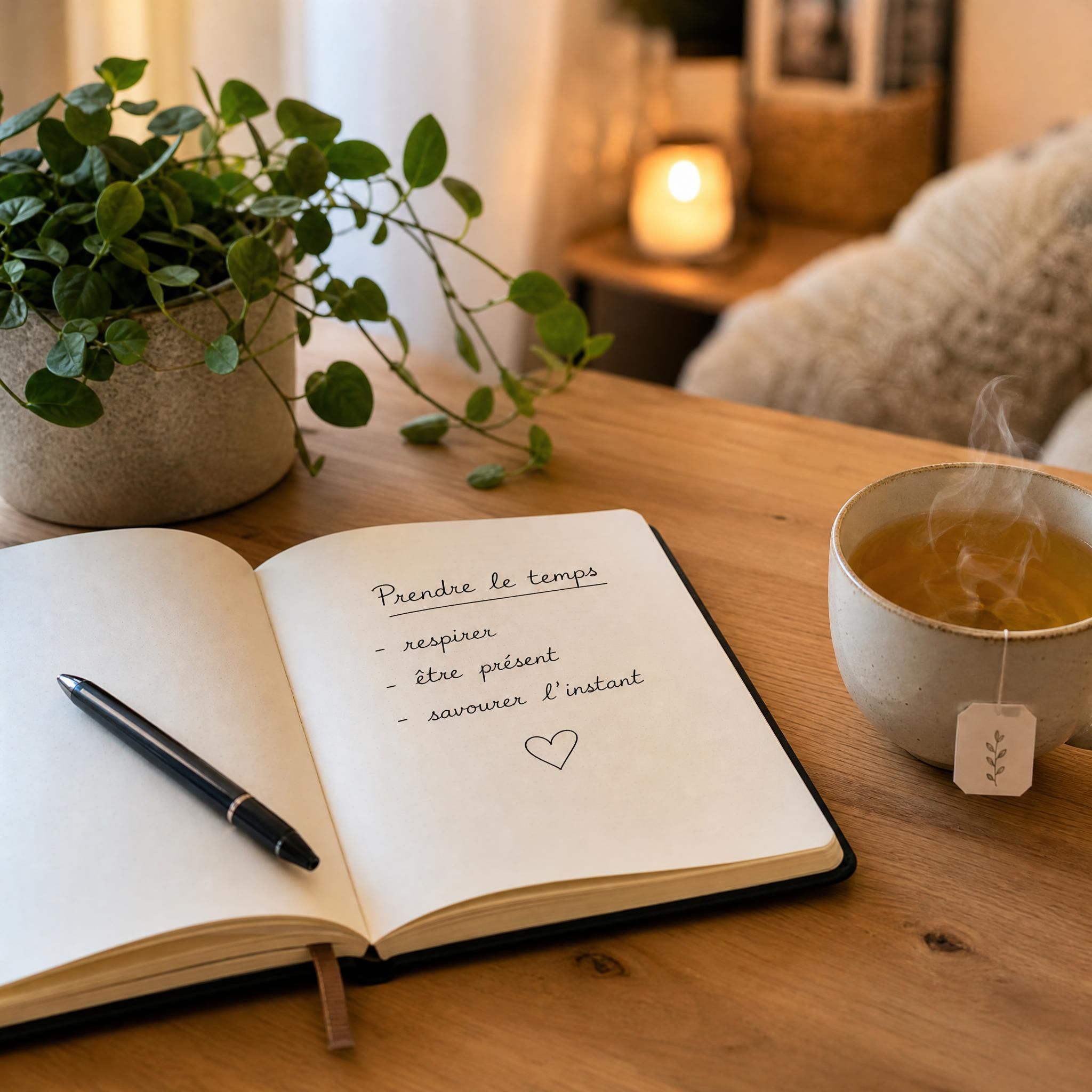 carnet ouvert avec quelques mots écrits à la main, une tasse de tisane fumante posée à côté, sur une table en bois clair avec une plante verte, ambiance cosy et apaisante, lumière douce du soir