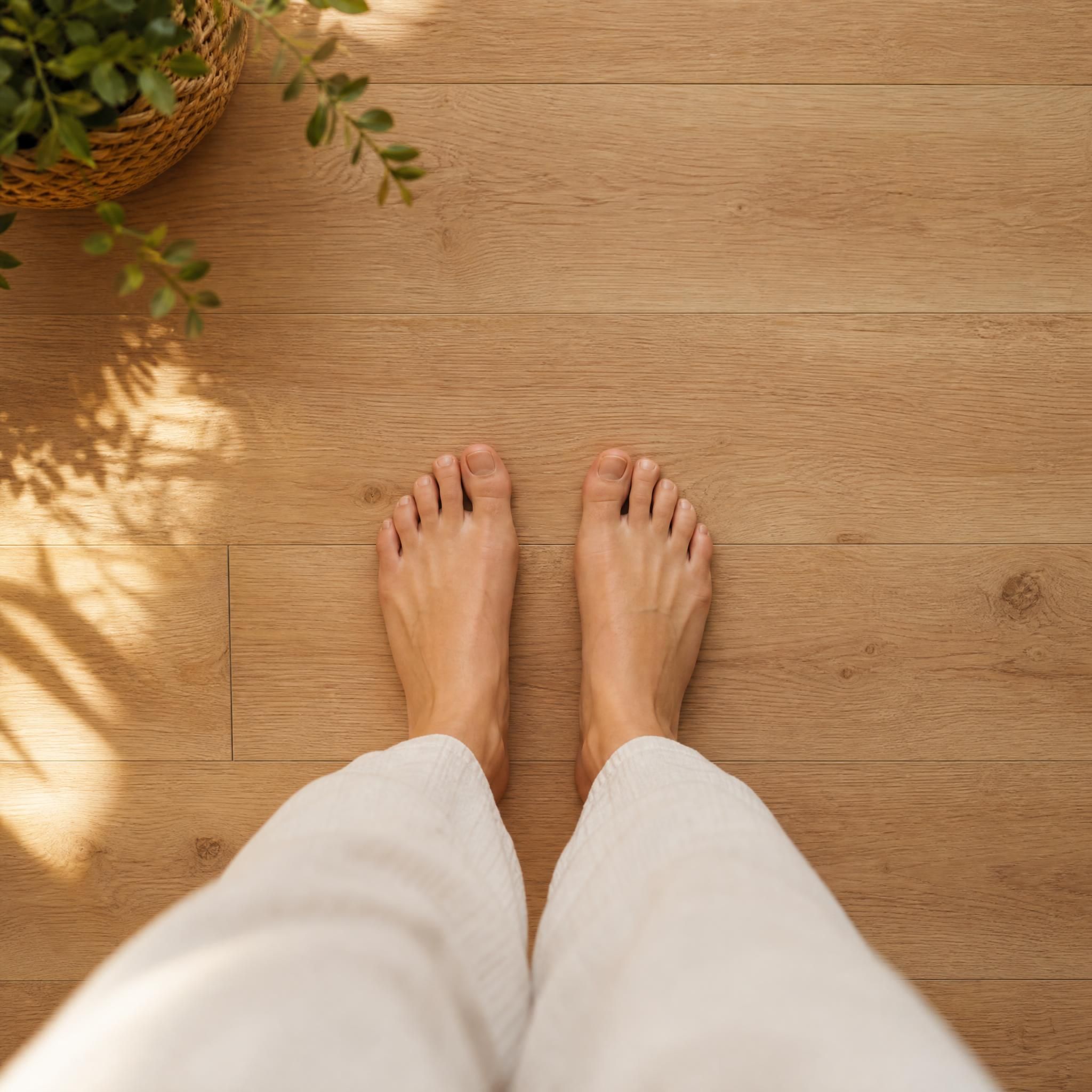 Vue en plongée douce d'une paire de pieds nus posés à plat sur un plancher en bois clair, lumière naturelle chaude, ambiance de sécurité et d'ancrage intérieur