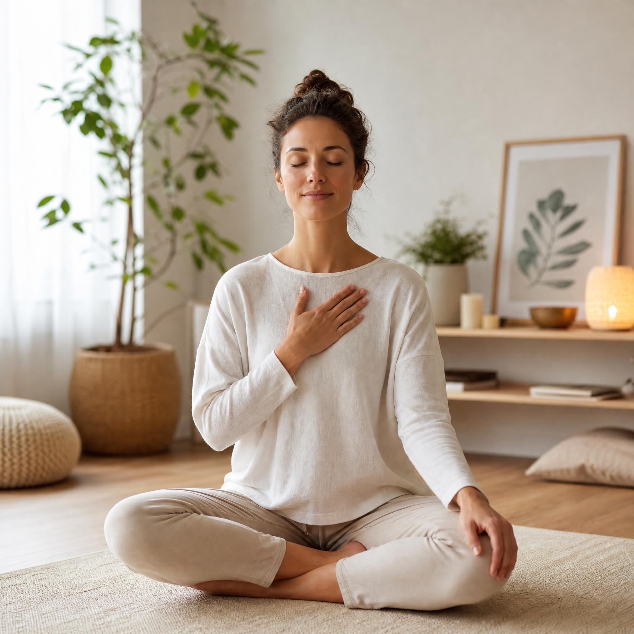 Femme assise en tailleur sur un tapis de méditation beige, main posée sur la poitrine, yeux fermés, lumière naturelle douce, ambiance apaisante et intérieure
