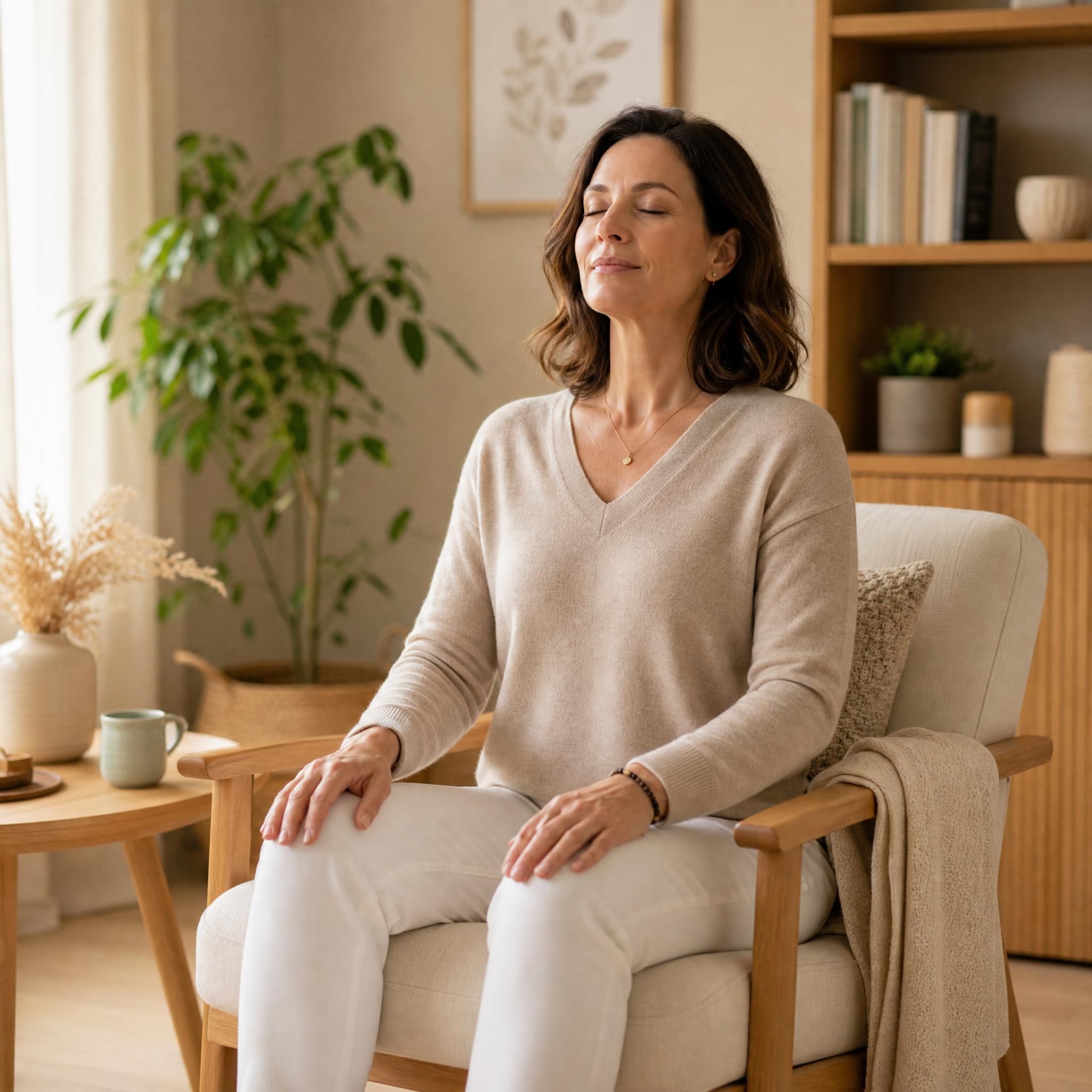 Femme d'environ 40 ans, yeux fermés, visage serein et détendu, assise confortablement dans un fauteuil chaleureux, les mains posées sur les genoux, pratiquant un exercice de respiration profonde dans un espace lumineux aux tons beige et bois clair