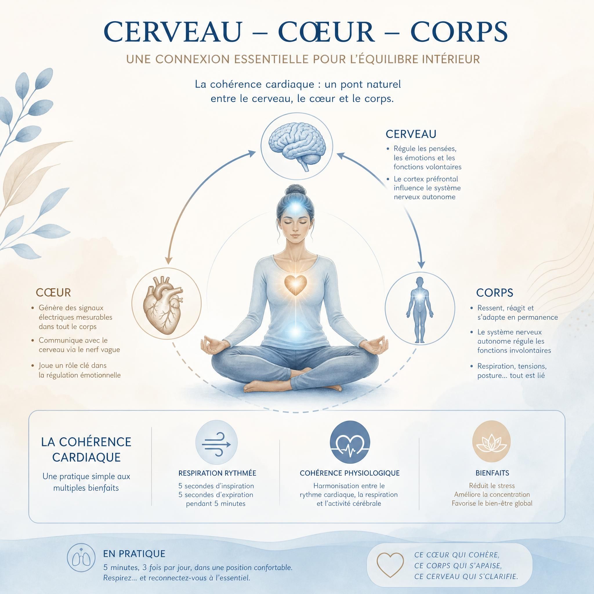 illustration scientifique douce montrant la connexion cerveau-cœur-corps, style infographie apaisante aux tons bleu clair et beige, symbolisant la cohérence cardiaque et la régulation du système nerveux autonome