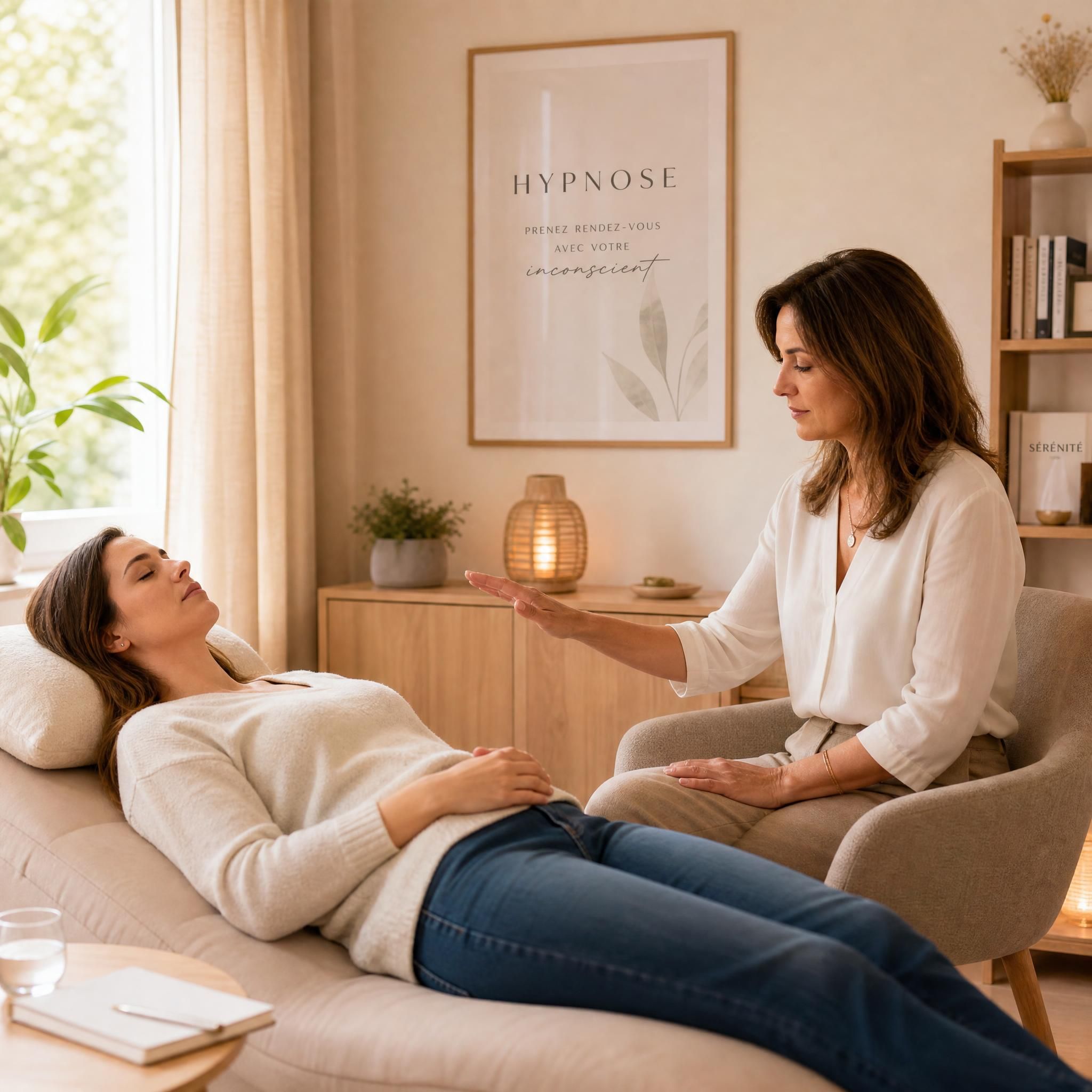 Praticienne en hypnose accompagnant une cliente allongée dans un cabinet chaleureux aux tons beige et bois clair, lumière naturelle douce — plan moyen