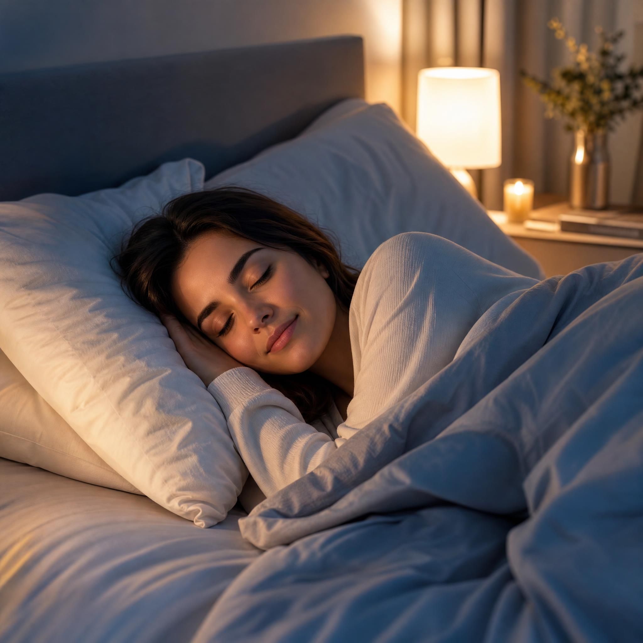 Femme qui s'endort paisiblement dans une chambre tamisée, draps doux, lumière douce en fond, ambiance apaisante et sécurisante — plan moyen