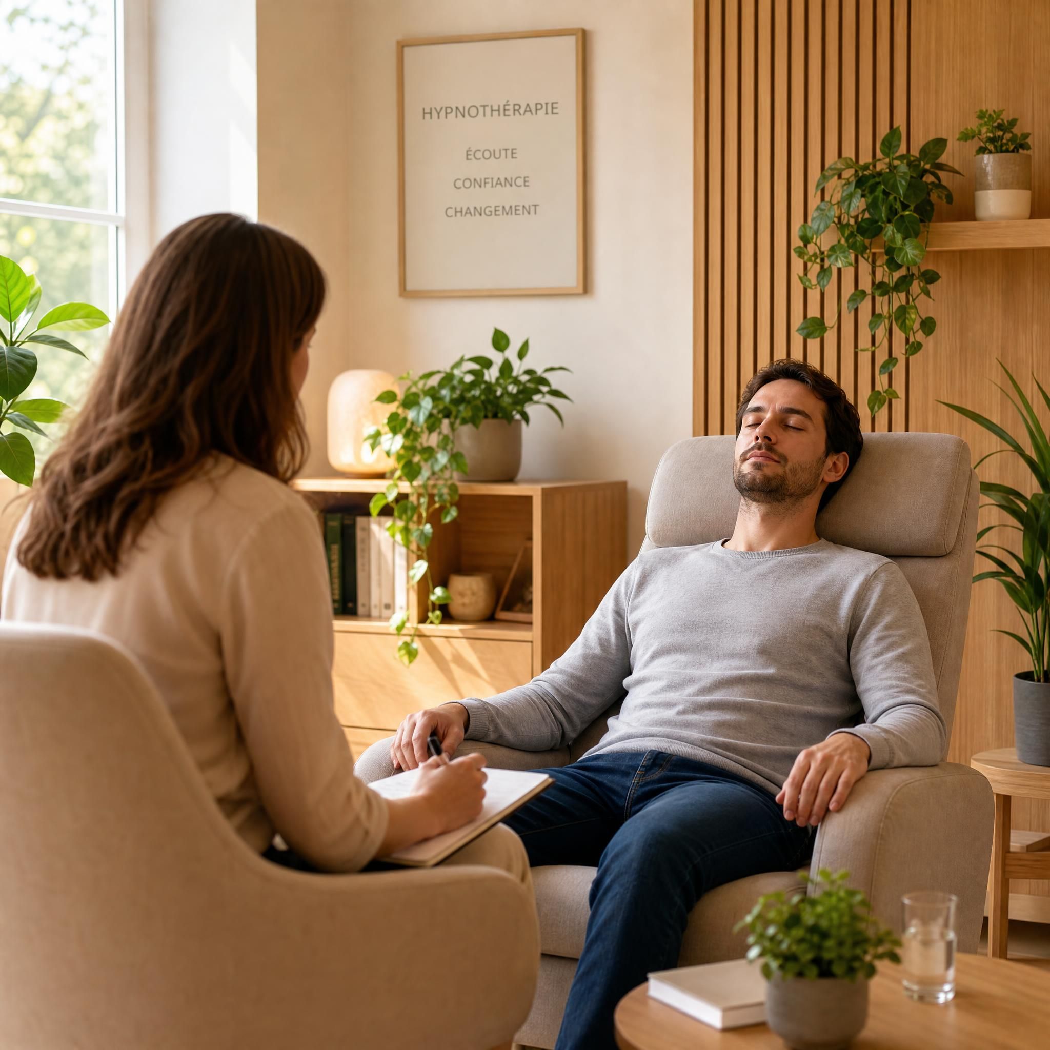 Hypnothérapeute et client en séance dans un cabinet moderne et chaleureux, tons beige et bois clair, plantes vertes, lumière naturelle apaisante — plan moyen