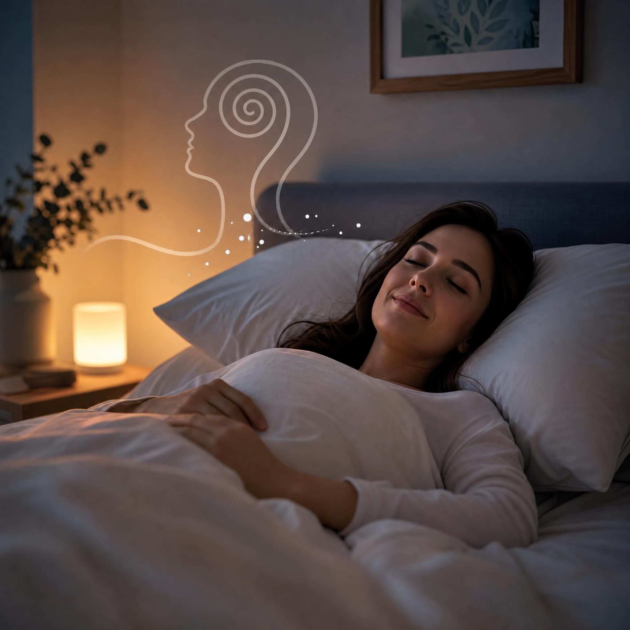 Femme allongée paisiblement dans une chambre tamisée, draps doux et lumière douce en fond, expression apaisée, plan moyen — illustration pour article sur l'hypnose et les troubles du sommeil