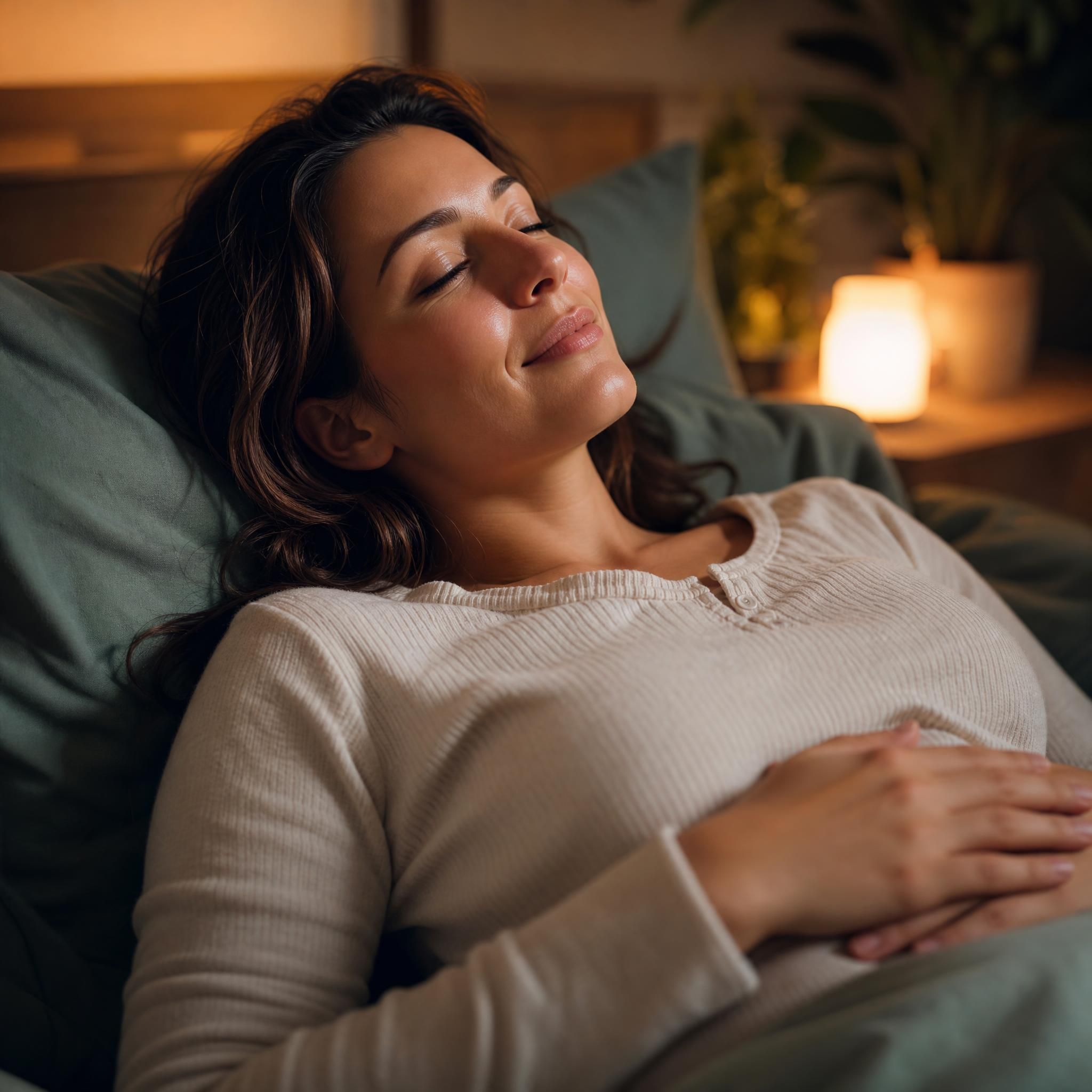 Femme aux yeux mi-clos, expression sereine et apaisée, allongée dans une chambre douce et tamisée, mains posées sur le ventre, ambiance lâcher-prise et sécurité – gros plan