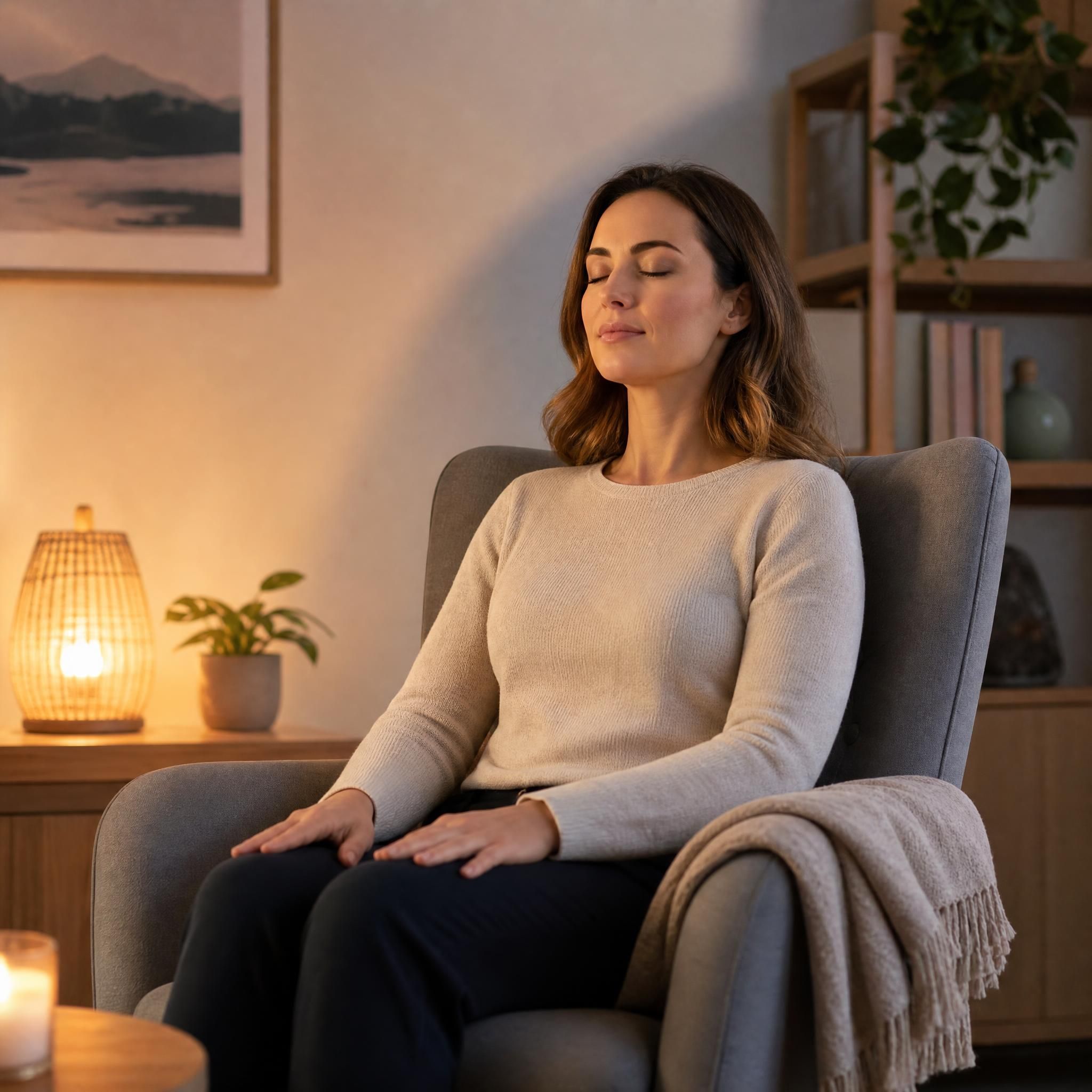 Femme assise dans un fauteuil confortable, yeux fermés, posture détendue, mains posées sur les genoux, lumière douce et tamisée, ambiance apaisante — plan moyen pour illustrer un exercice de relaxation hypnotique