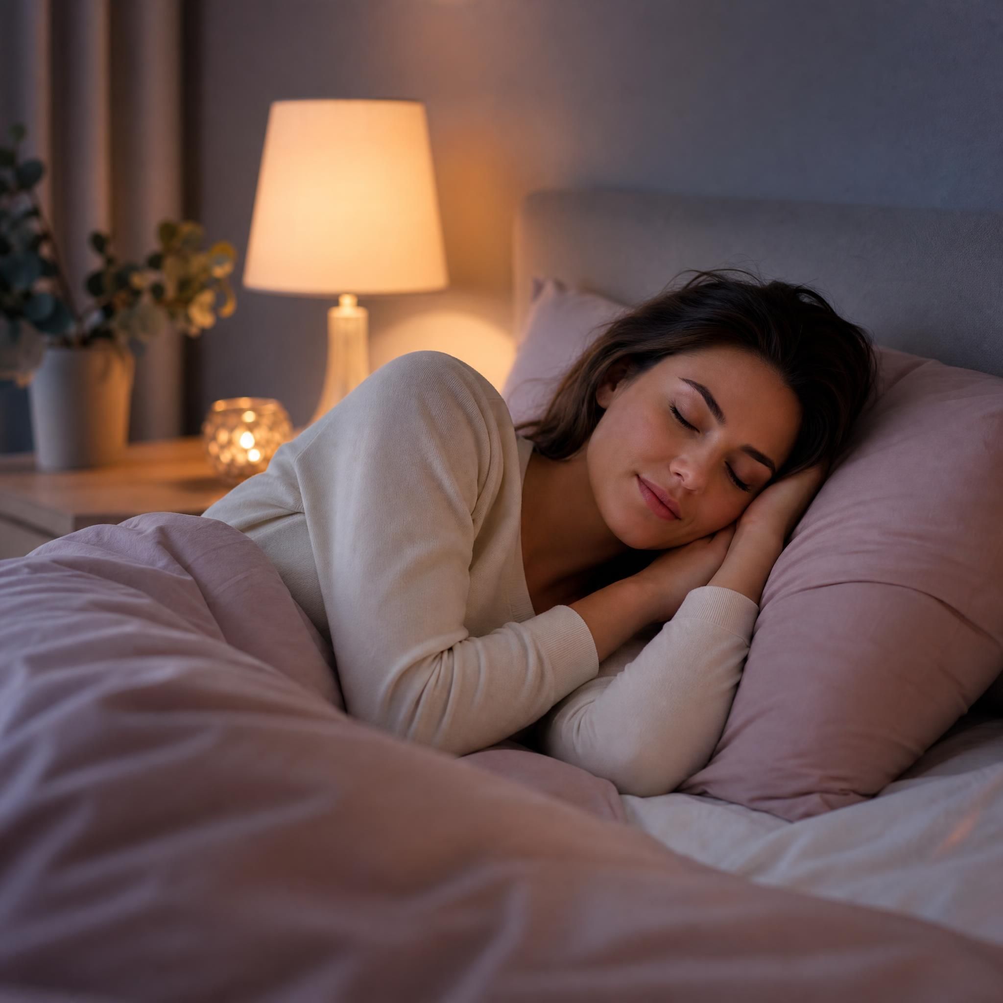 Femme s'endormant paisiblement dans une chambre tamisée aux tons doux, lumière douce en fond, draps doux, ambiance sérénité et lâcher-prise – plan moyen