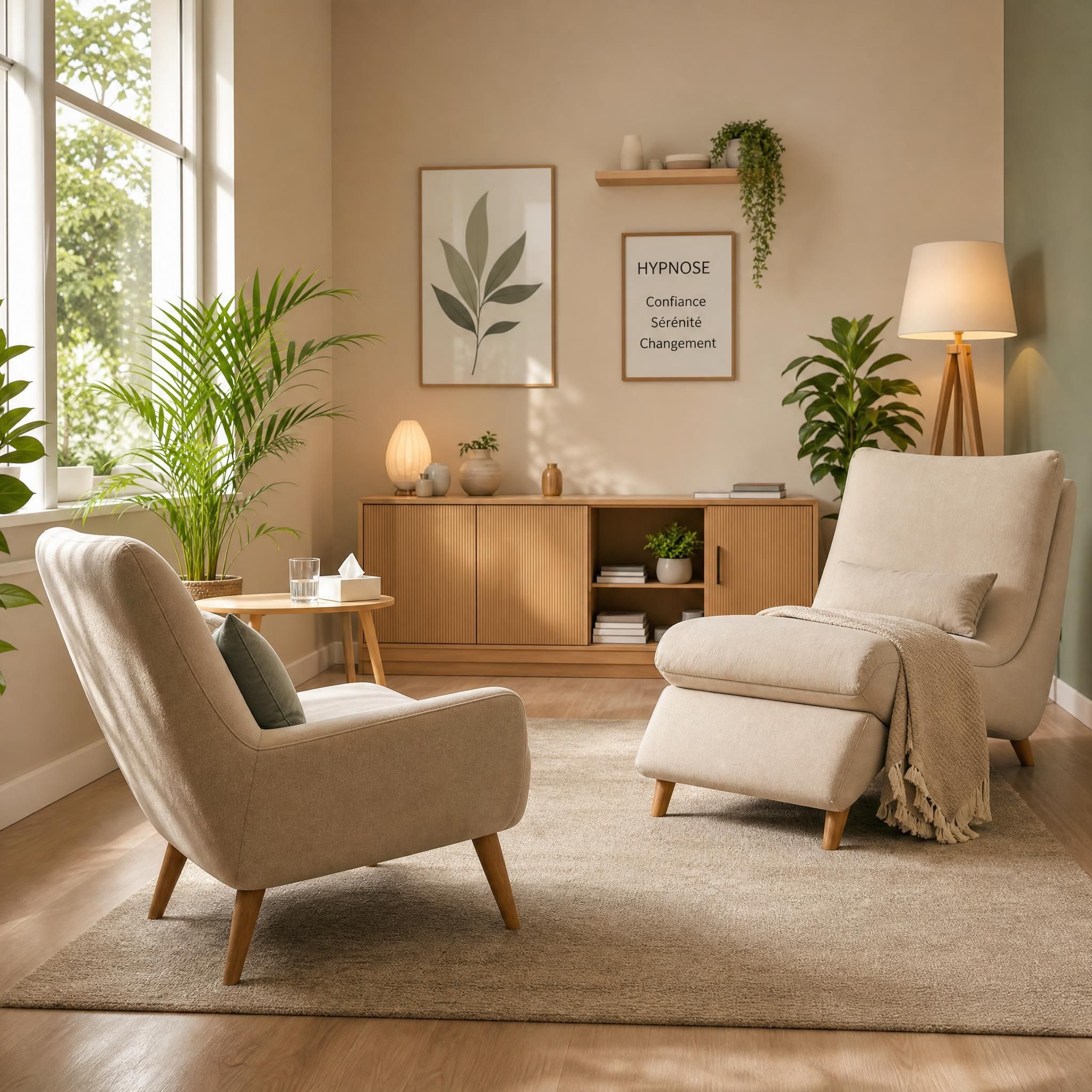 Cabinet d'hypnose moderne et chaleureux aux tons beige et bois clair, plantes vertes, lumière naturelle douce, fauteuil confortable, ambiance confiance et bienveillance – plan large