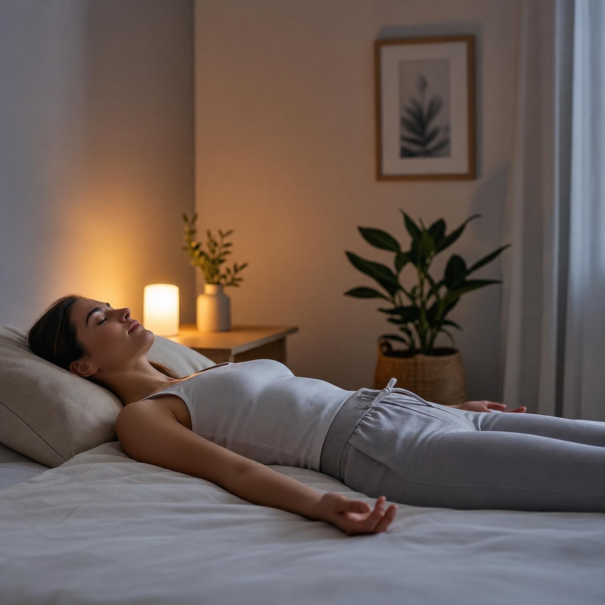 Femme allongée dans une position de relaxation profonde, les bras le long du corps, expression sereine, chambre douce et apaisante avec lumière tamisée