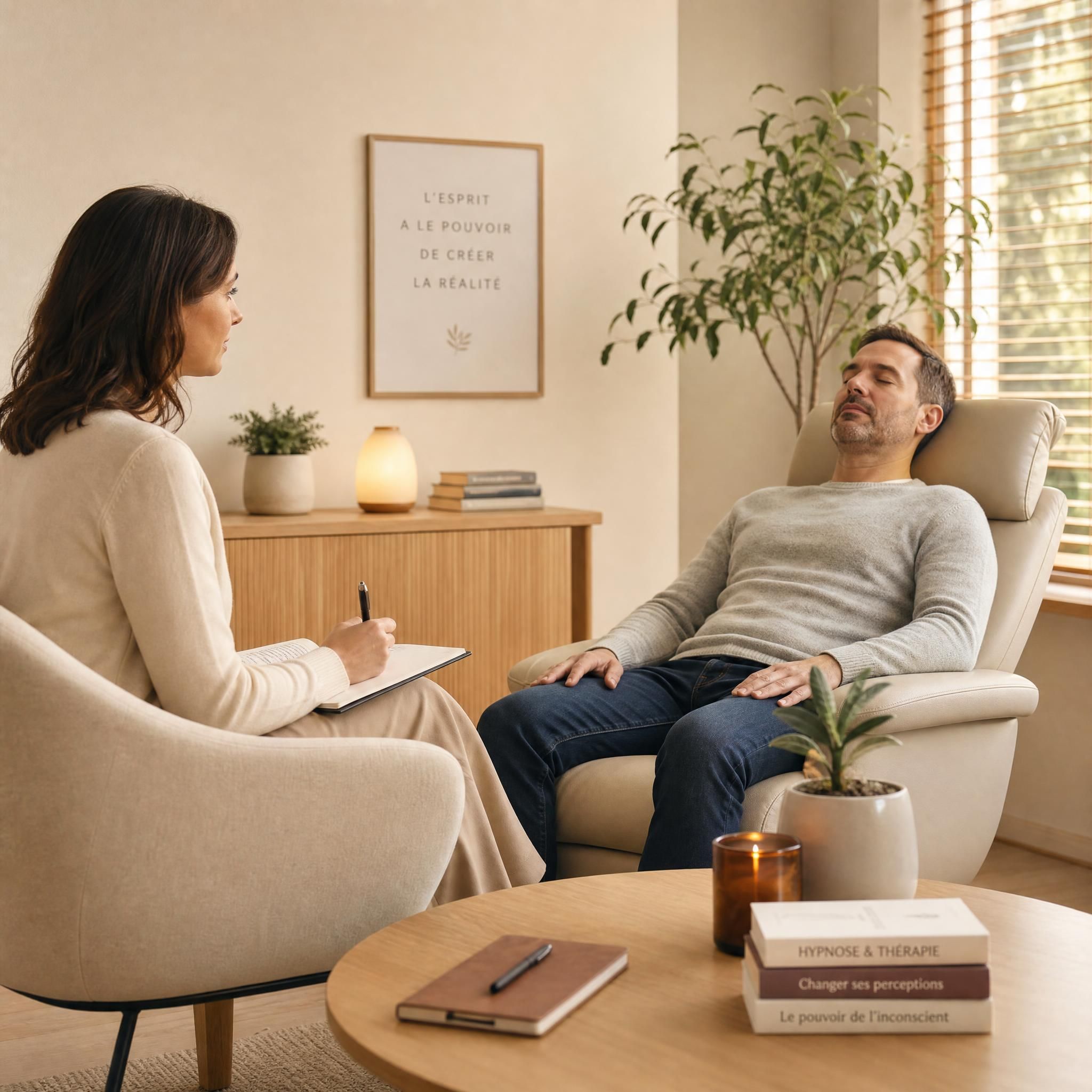 Hypnothérapeute et patient en séance dans un cabinet chaleureux aux tons beige et bois clair, lumière naturelle douce, ambiance de confiance et bienveillance