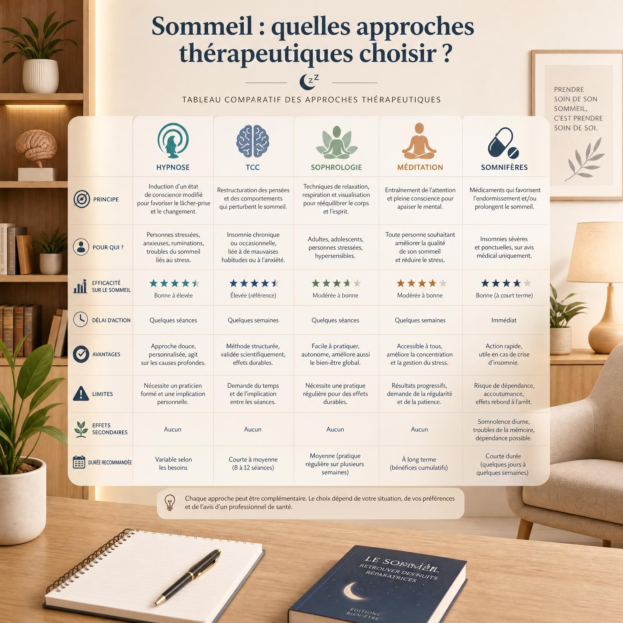 Tableau comparatif illustré des approches thérapeutiques pour le sommeil — hypnose, TCC, sophrologie, méditation, somnifères — ambiance cabinet médical moderne et chaleureux, tons beige et bois clair