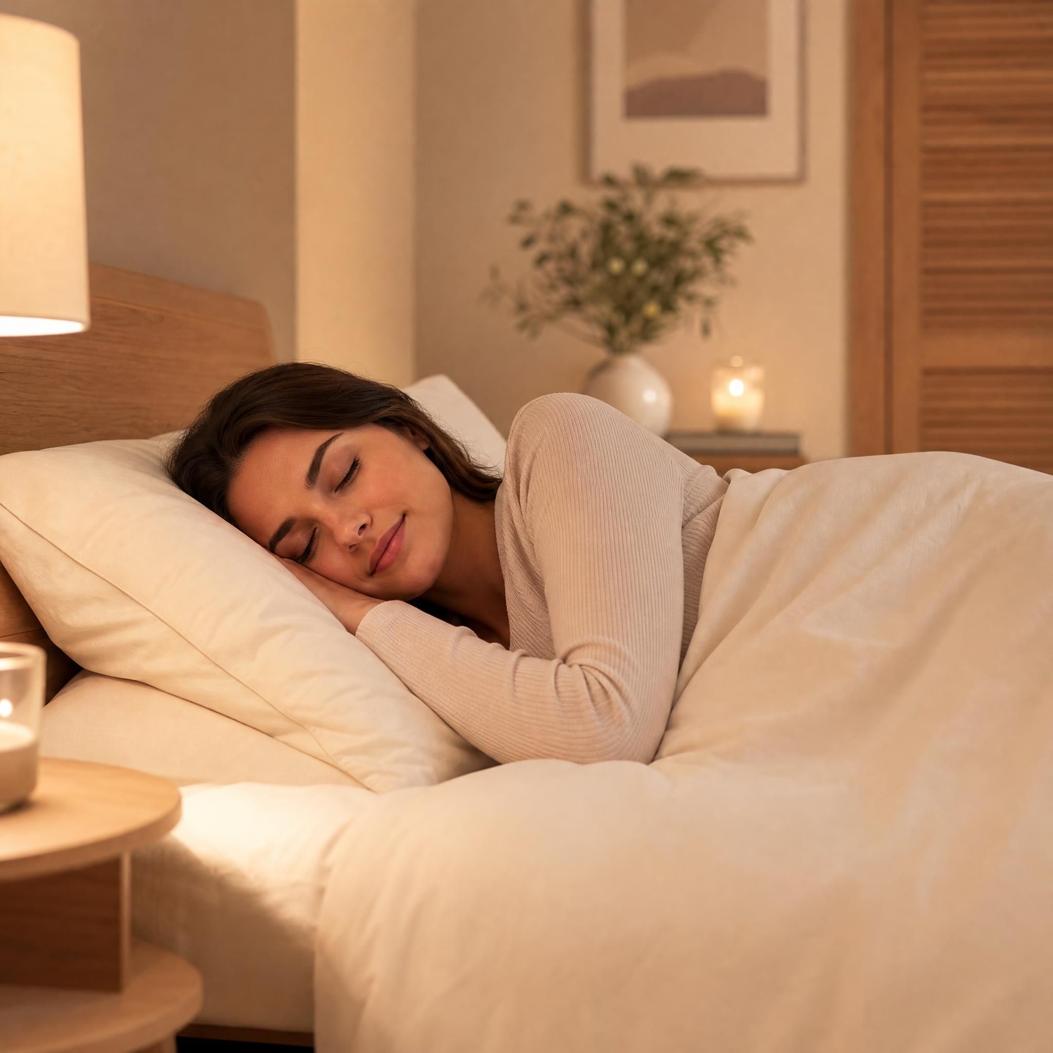Femme paisible allongée dans une chambre tamisée aux tons chauds beige et bois, lumière douce, expression de sommeil profond et réparateur — plan moyen, format 16:9