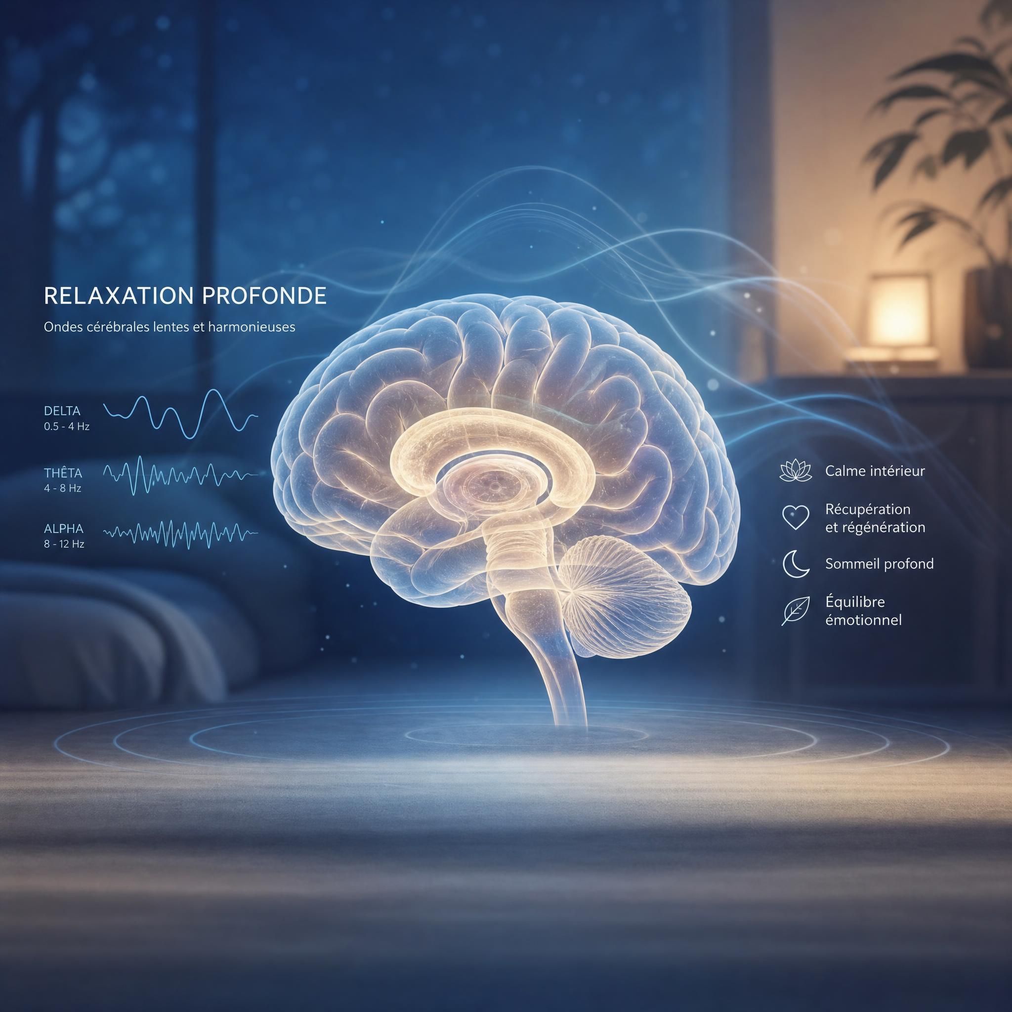 Illustration scientifique stylisée d'un cerveau en état de relaxation profonde, ondes cérébrales douces, tons bleus et beiges apaisants, lumière tamisée — plan large, format 16:9