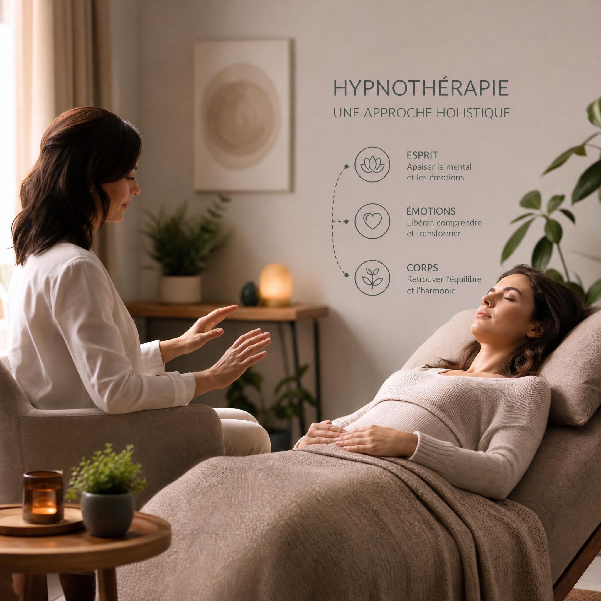 femme en séance d'hypnothérapie, lumière douce, ambiance apaisante, approche holistique corps-esprit
