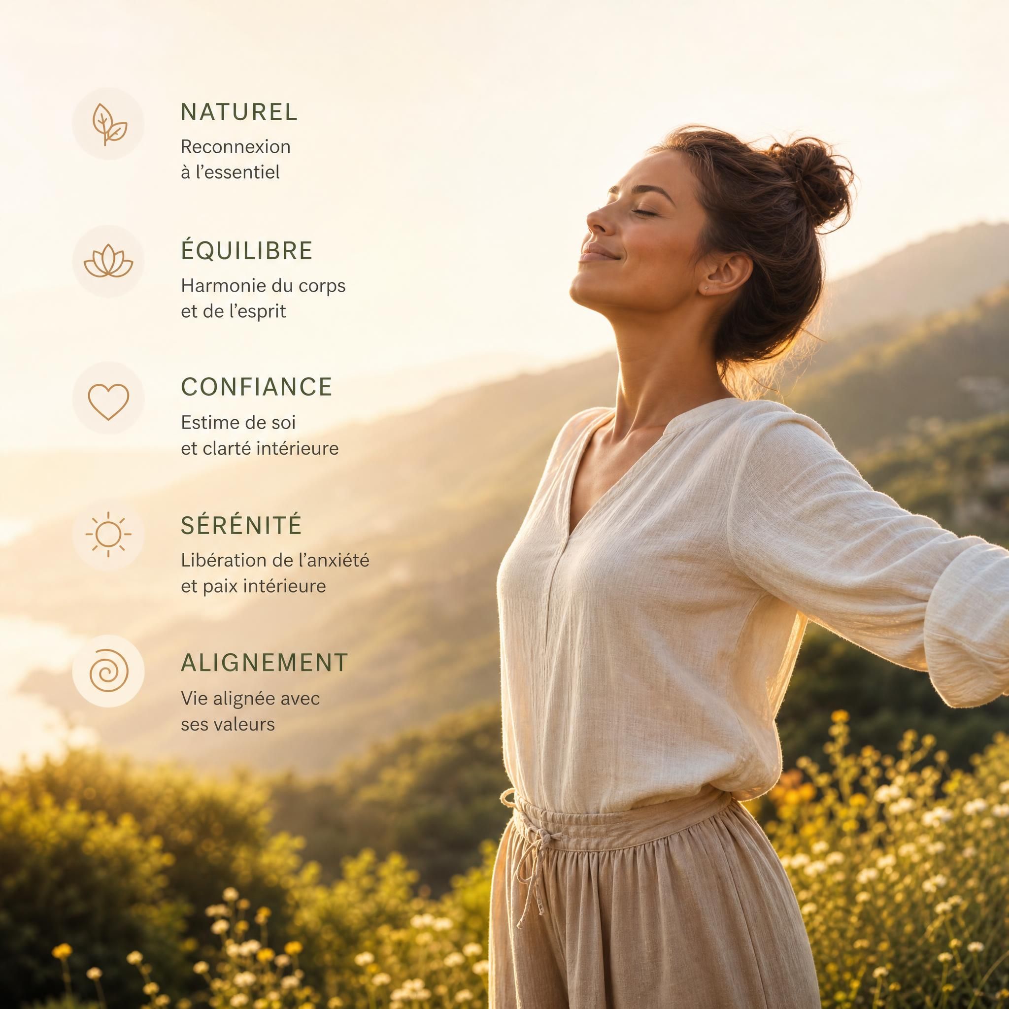 femme sereine en nature, lumière dorée, symbolisant la cohérence intérieure et la libération de l'anxiété après un accompagnement holistique