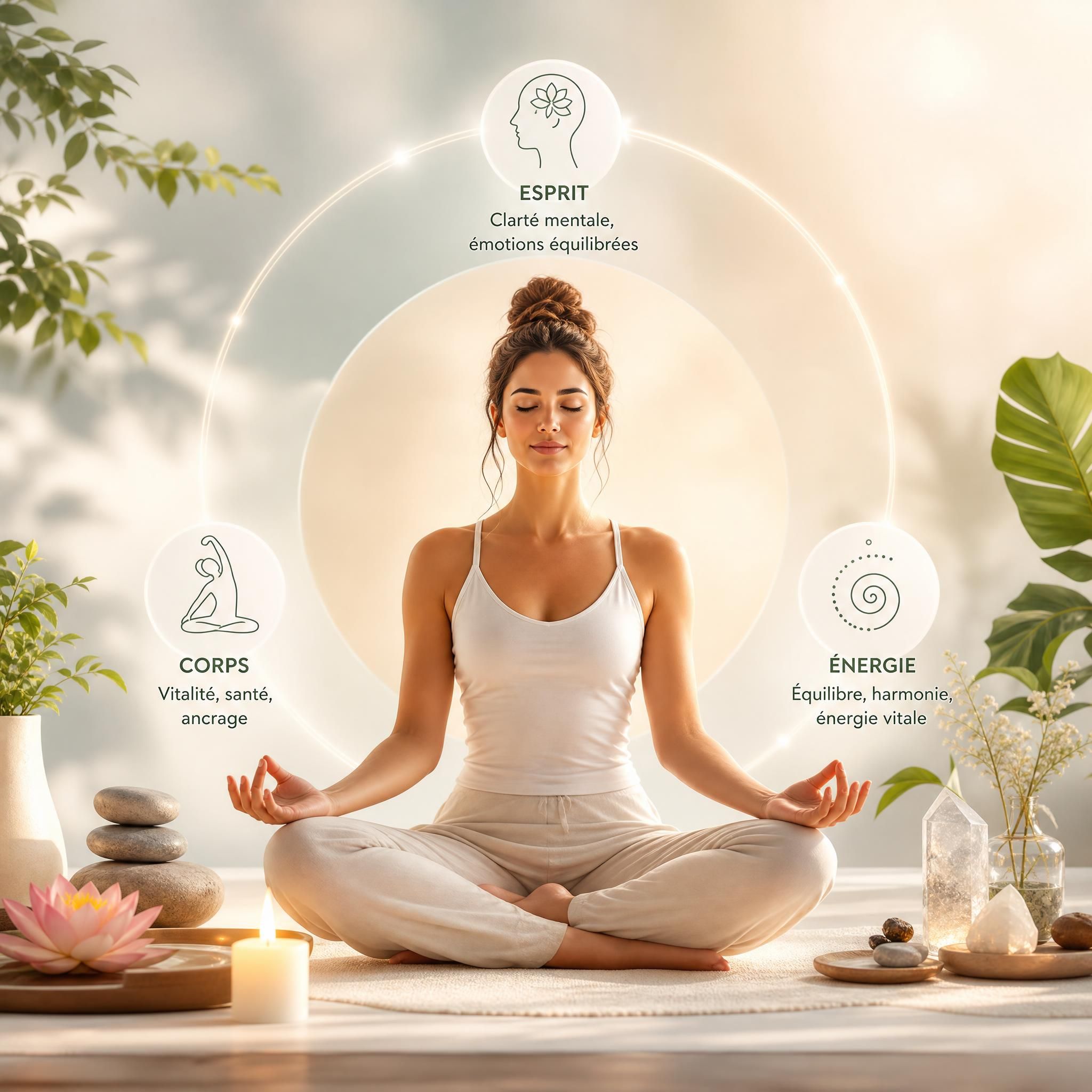 Représentation symbolique de l'approche holistique corps-esprit-énergie, femme en équilibre intérieur entourée d'éléments naturels doux et lumineux