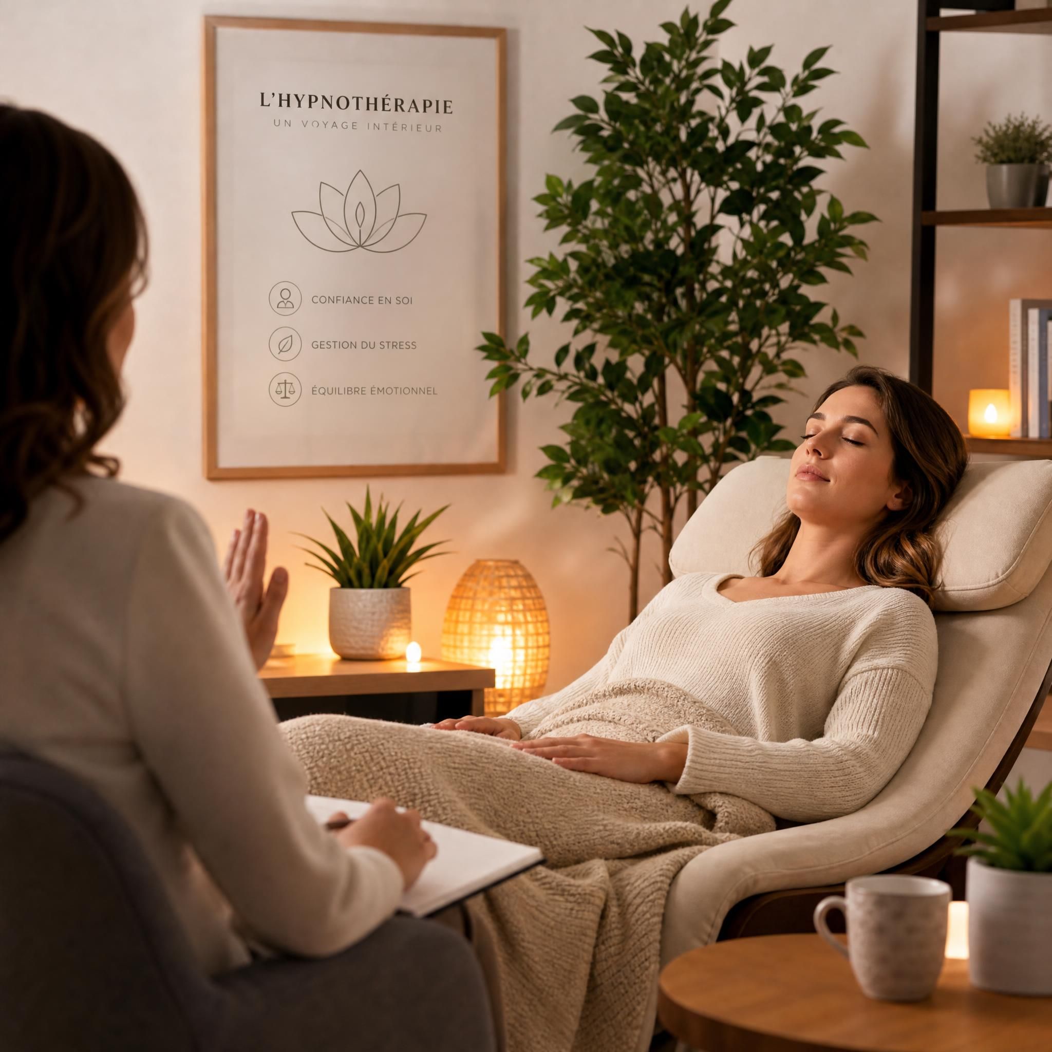 Personne en état de détente profonde lors d'une séance d'hypnothérapie, ambiance chaleureuse et bienveillante