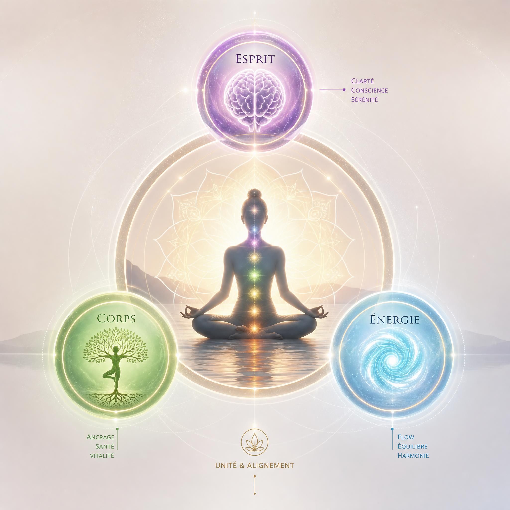 Représentation symbolique des trois dimensions corps esprit énergie, mandala ou illustration holographique apaisante