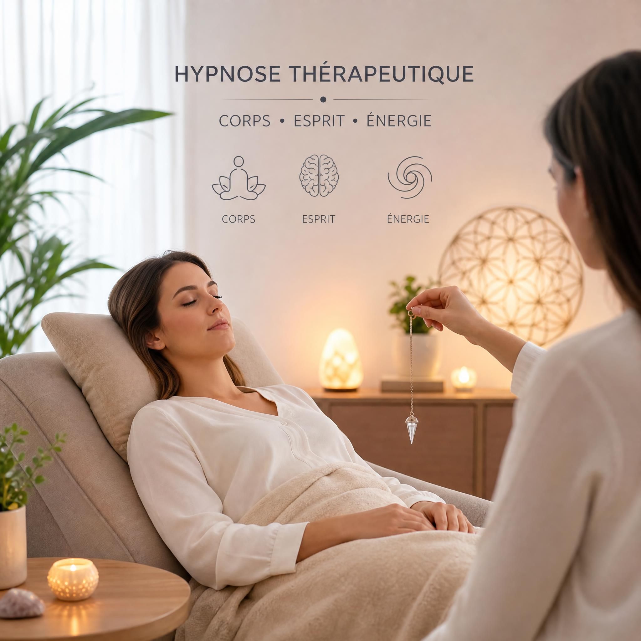 Femme sereine en séance d'hypnose thérapeutique, lumière douce, ambiance apaisante corps-esprit-énergie