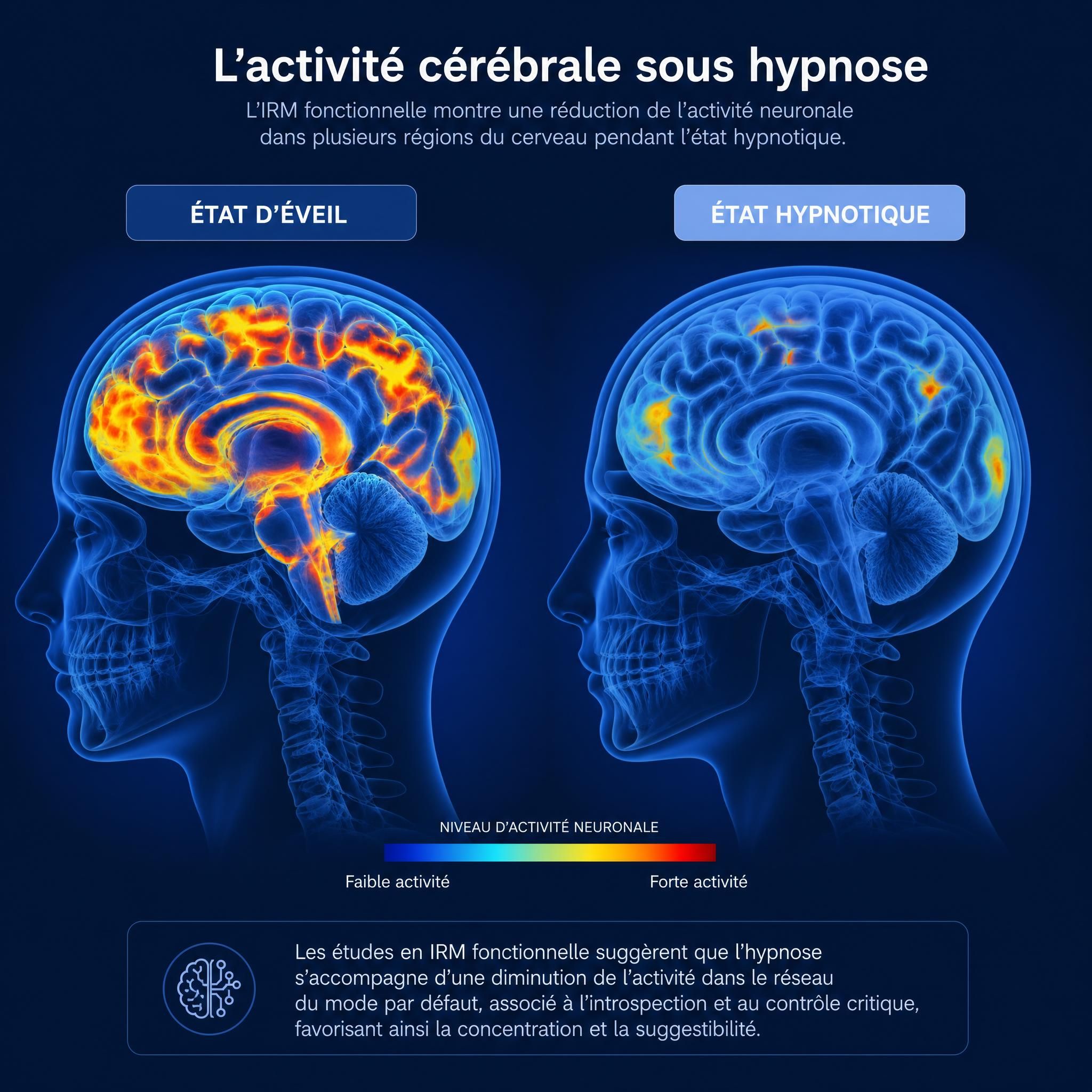 Visualisation cerveau IRM fonctionnelle montrant l'activité neuronale réduite sous hypnose, fond bleu scientifique