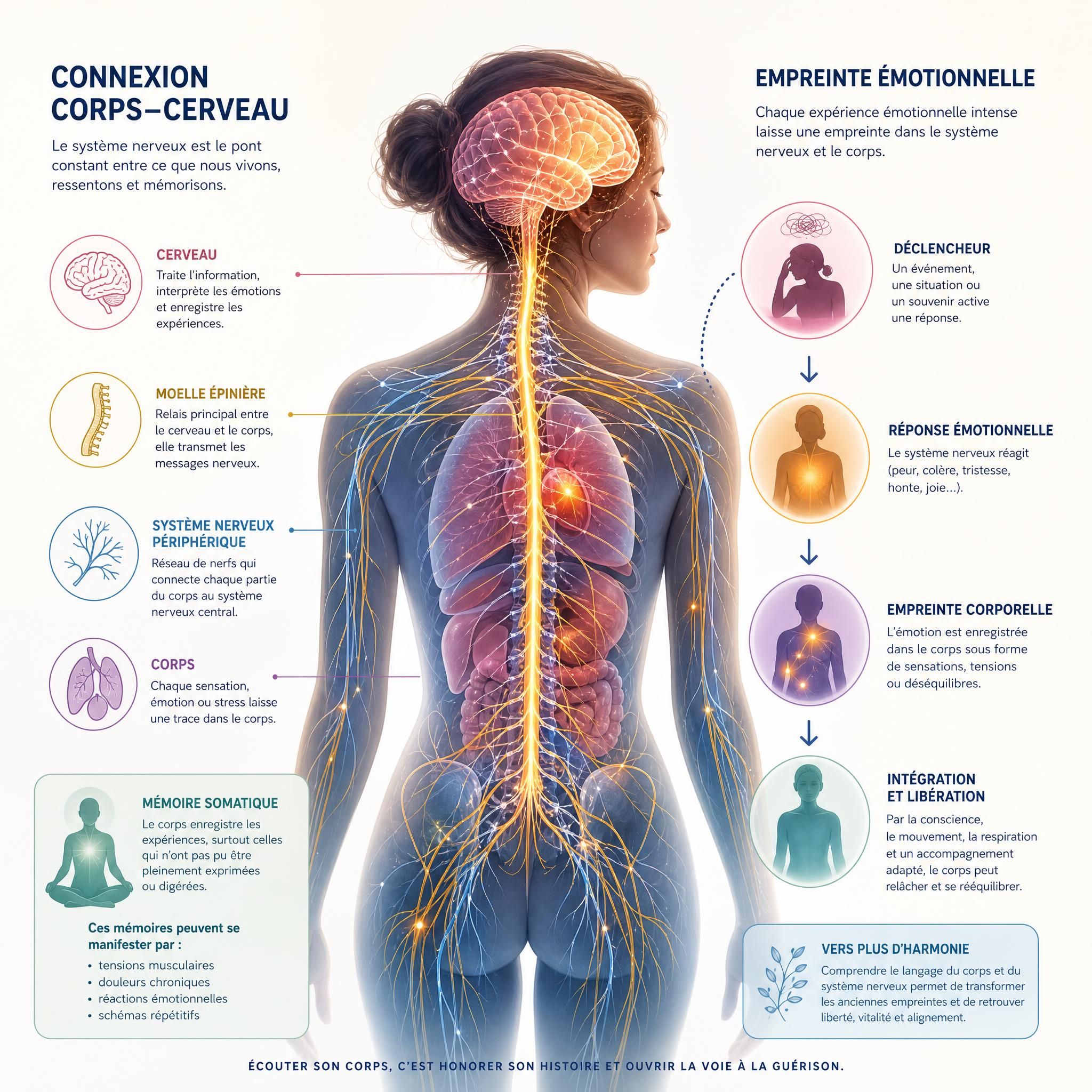 illustration du système nerveux humain, connexion corps-cerveau, représentation visuelle de l'empreinte émotionnelle et de la mémoire somatique