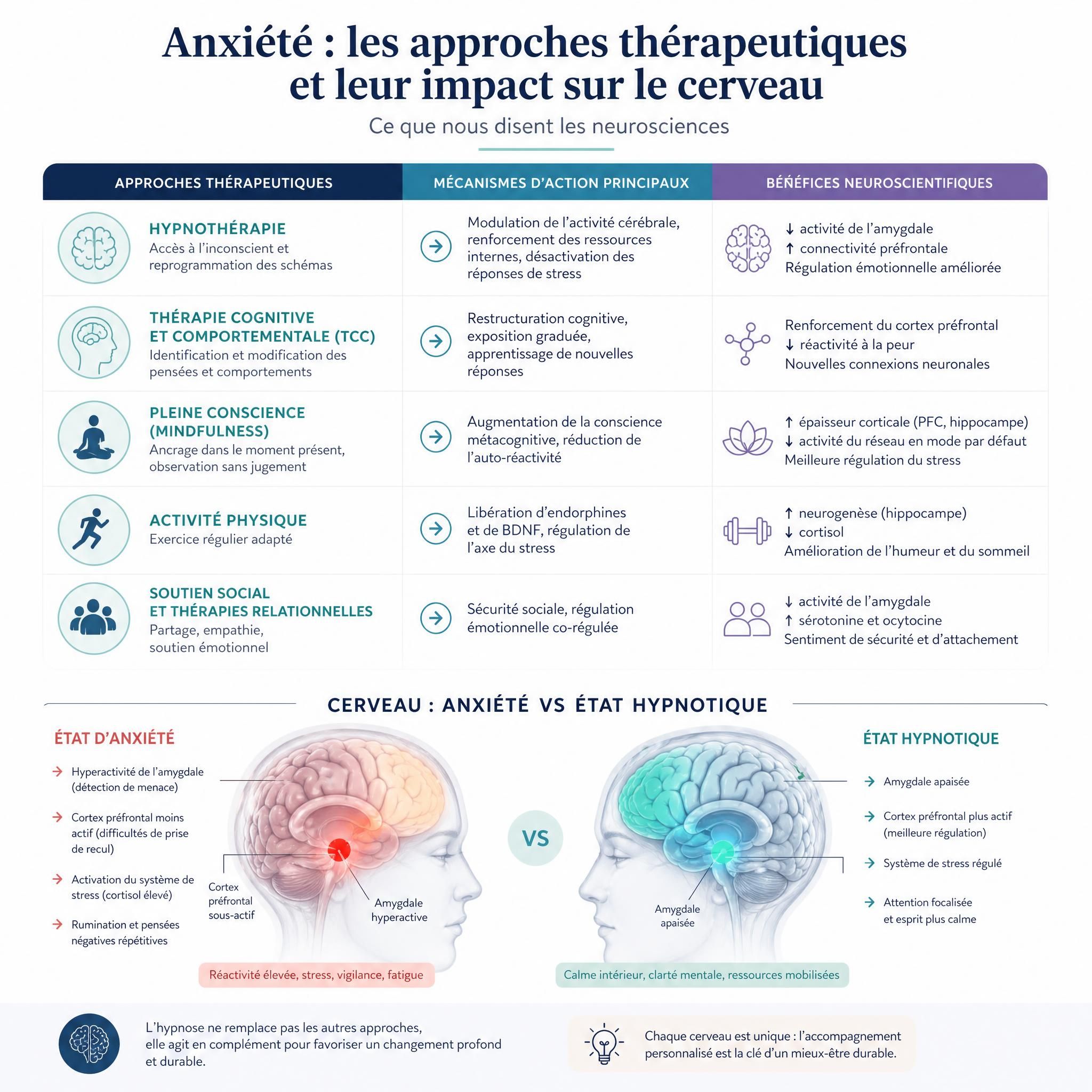 graphique comparatif des approches thérapeutiques pour l'anxiété, données neuroscientifiques, cerveau en état hypnotique vs état d'anxiété