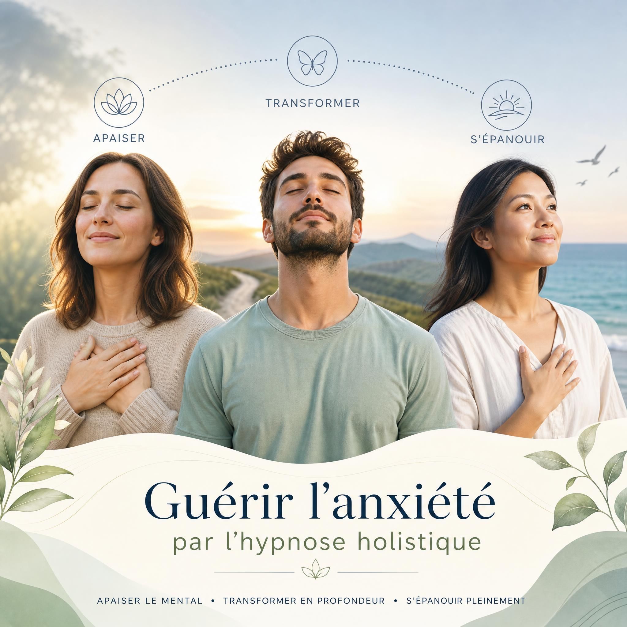Trois personnes différentes en état de sérénité et de transformation intérieure, symbolisant des parcours de guérison de l'anxiété par hypnose holistique